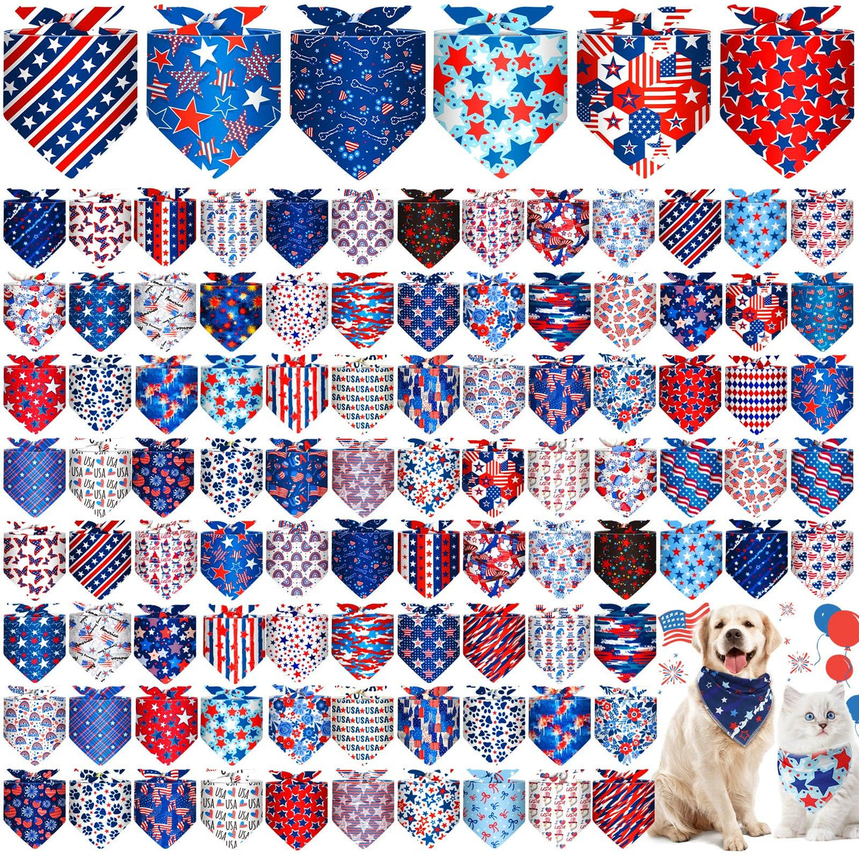 Paterr 100 Pieces Patriotic Dog Bandanas Bulk 4th of July Independence Day Pet Handkerchief Memorial Triangle Bibs Kerchief Adjustable Washable Pet Scarf Accessory for Small Medium Puppy Cats