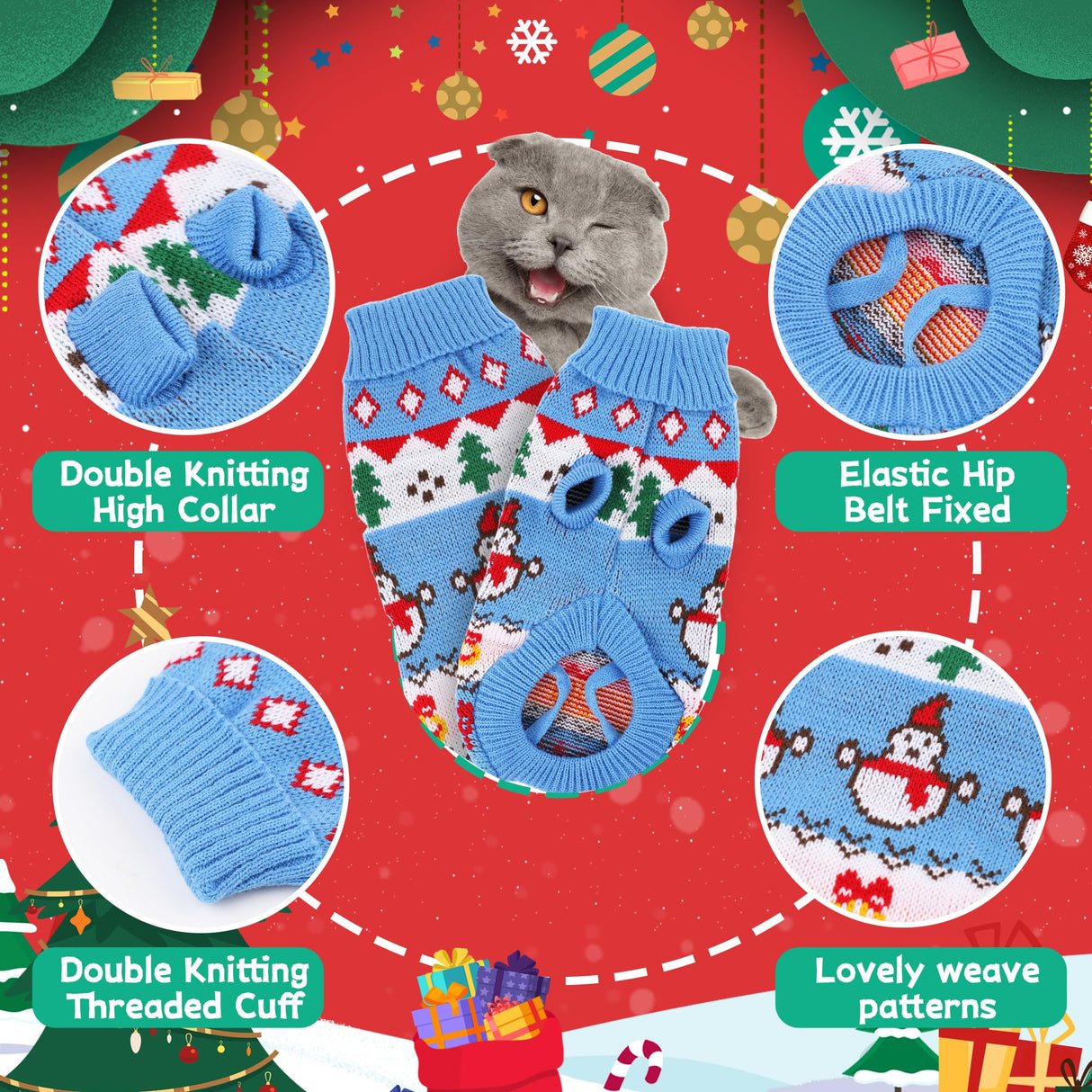 2 Packs Cat Christmas Sweater Pet Cute Knitwear Warm Winter Clothes for Kittys and Small Dogs (Medium)
