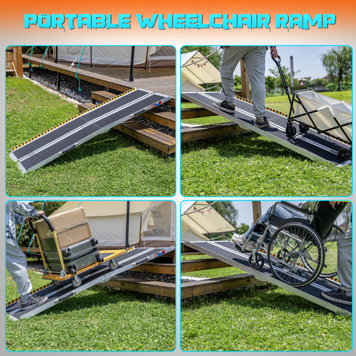 WHALEMOTOR Portable Wheelchair Ramp 7FT, Anti-slip Aluminum Folding Portable Ramp, Wheelchair Ramps for Home, Weight Capacity Up to 600 LBS, with Transition Plates above and below