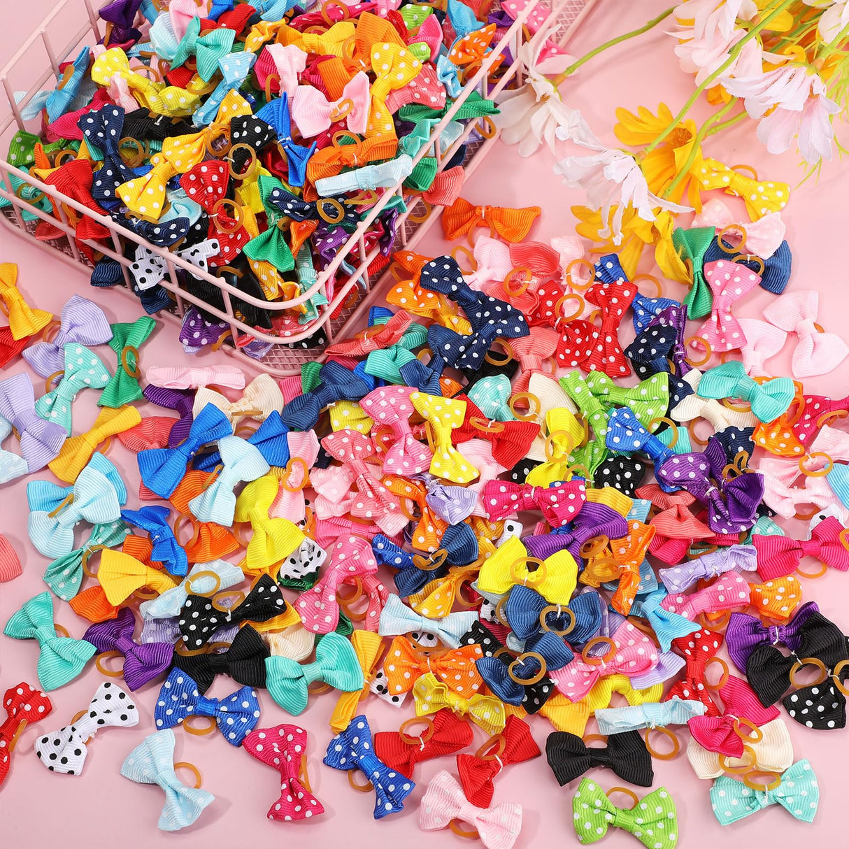 Crowye 400 Pieces Dog Bows Grooming Cute Dog Hair Bows with Rubber Bands Ribbon with Rubber Band Bowknot Hair Topknot for Cat Puppy Birthday Hair Accessories Pet Grooming