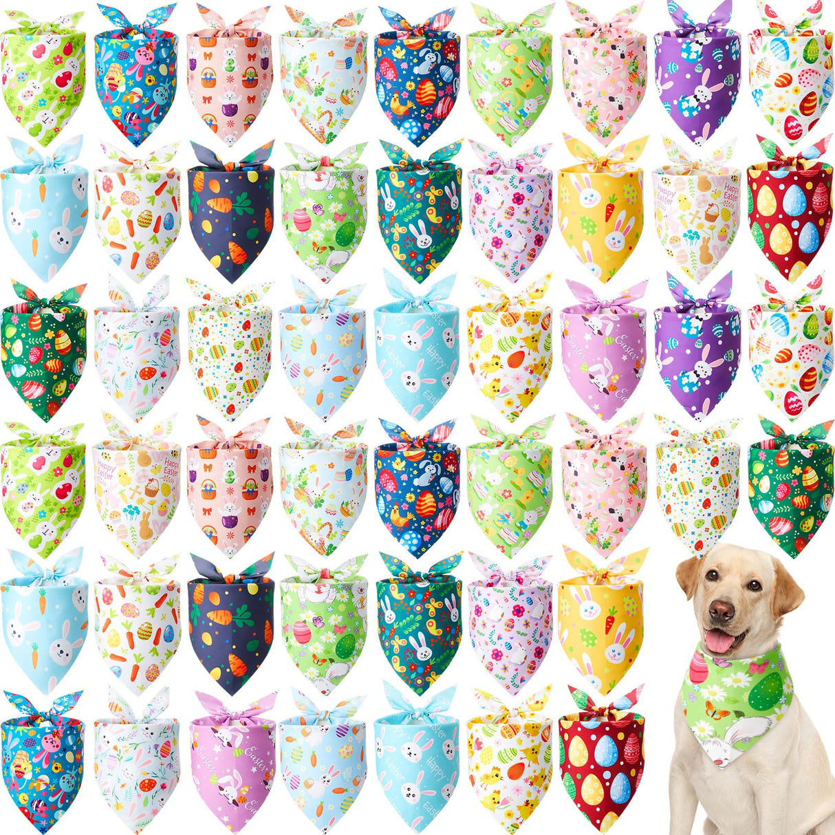 Sanwuta 50 Pcs Easter Dog Bandanas Bulk Pet Kerchief Set Bibs Triangle Scarf Dog Bandanas with Egg Rabbit Carrot Patterns for Easter Party Pet Costume Accessory Decoration(31.5 x 21.7 x 21.7)