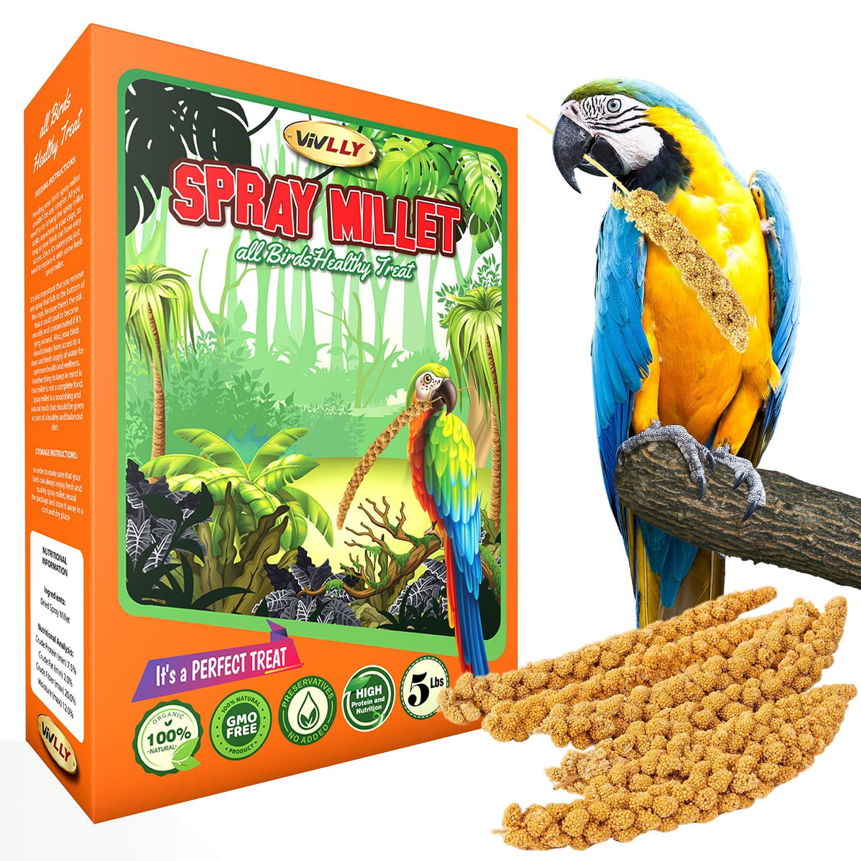 Vivlly 5LBS GMO-Free Sun Dried Spray Millet - Original Bird Treat Millet for Parakeets, Cockatiels, Finches & More - Non-GMO, High in Amino Acids, Easy Storage, Tasty & Healthy Bird Snacks (5 lbs)