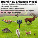 Latest 2024 Expanded Detection Range Solar Animal Repeller - Animal Repellent Outdoor with Automatic Frequencies, 2 Motion Sensors, 8 Stronger LED Lights, 2 Alarms at 360° and USB Cable
