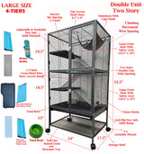 Large Two Full Story Deluxe Double Unit 4-Tiers Tight 1/2-Inch Bar Spacing Durable Front Doors Water Bottle Food Bowl for Feisty Ferret Squirrel Hammock Rat Gerbil Small Animal Critter Rolling Cage