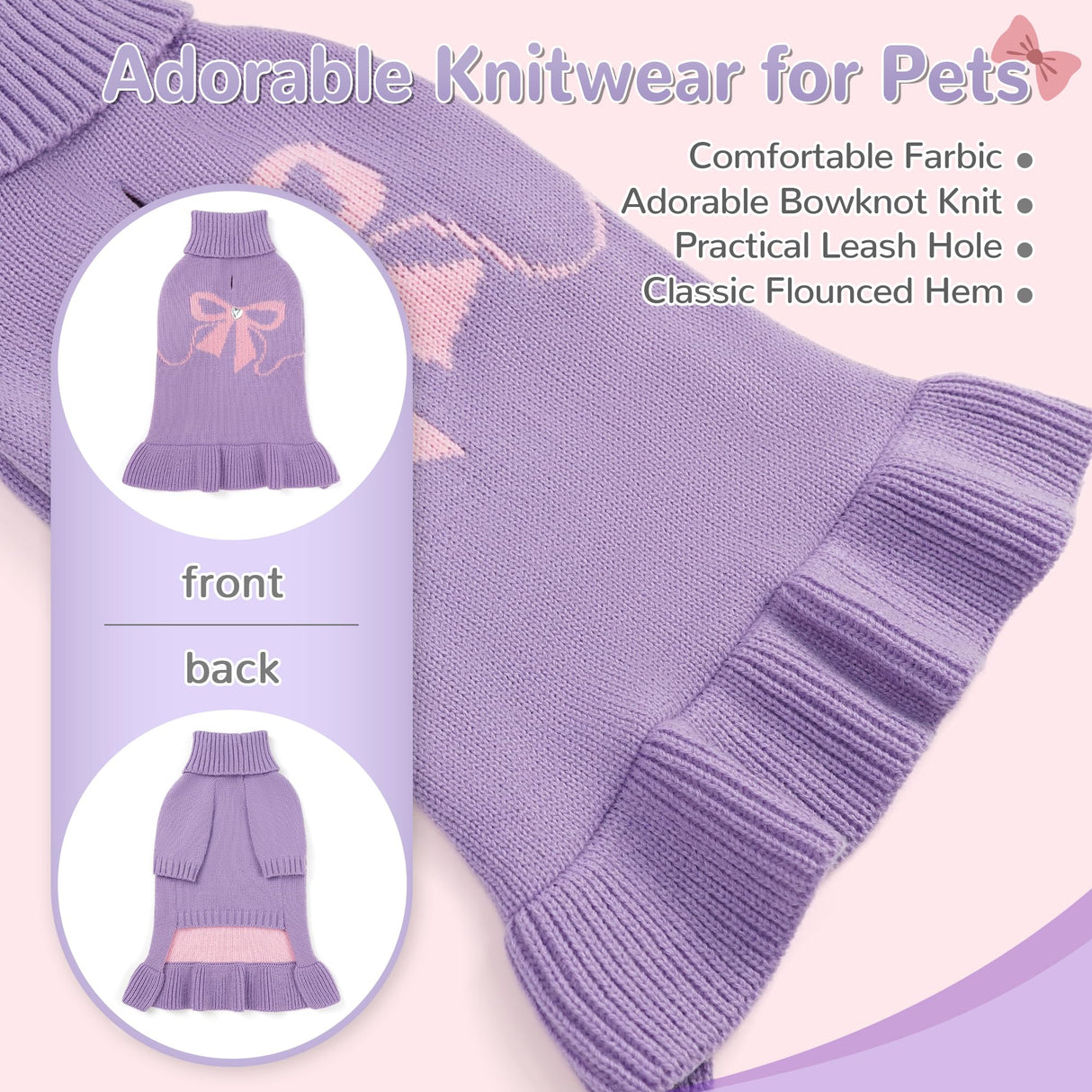 YUDODO Bowknot Dog Sweater Dress for Small Dogs Girl, Stretchy Pet Sweaters Pullover Coats, Fall Winter Warm Dog Turtleneck Sweater (Purple, S)