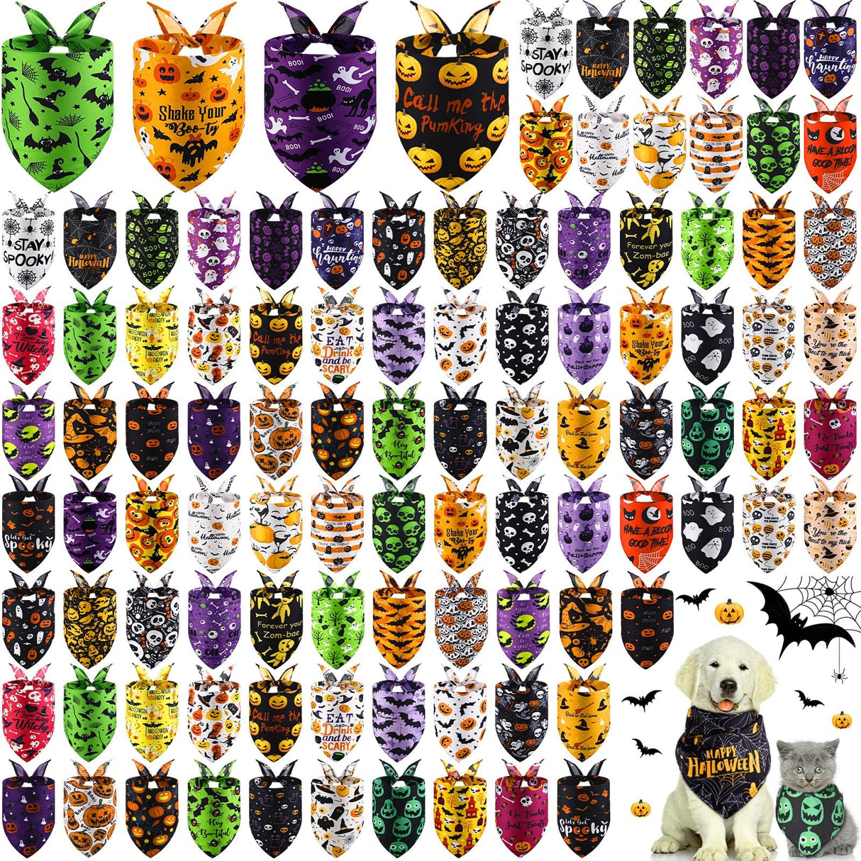 Huhumy 100 Pcs Halloween Dog Bandanas Bulk Pumpkin Ghost Bat Dog Scarf Triangle Pet Neckerchief Bibs Adjustable Washable Pumpkin Puppy Costume Accessories for Grooming Supplies Small to Large Dogs Cat