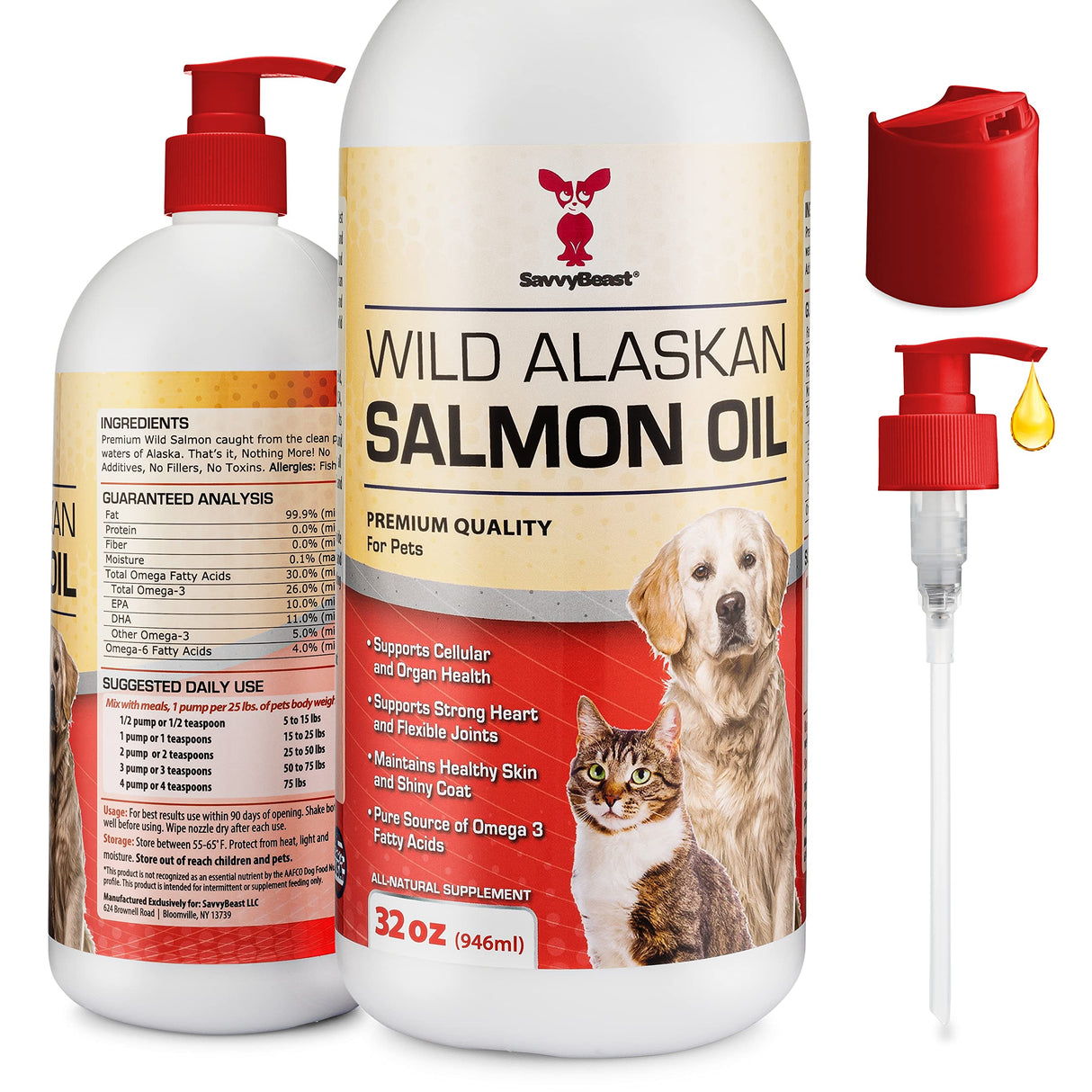 SavvyBeast Wild Alaskan Salmon Oil for Dogs, Cats & Ferrets – Omega-3 Fish Oil Pet Supplement with EPA & DHA – Supports Skin, Coat, Joints, Heart, Brain, Itch Relief & Immune – Unscented – 32 oz
