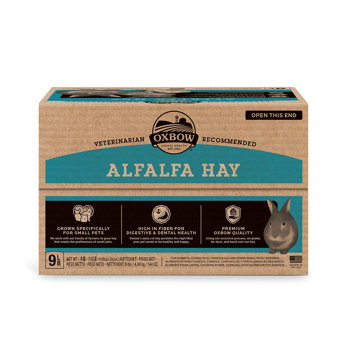 Oxbow Alfalfa, Guinea Pig Hay, Rabbit Hay, Small Pet Bunny Supplies, All Natural Grass for Guinea Pig, Bunny, Chinchilla & Hamster, Oxbow Rabbit Supplies, Grown in USA, 9 lb box