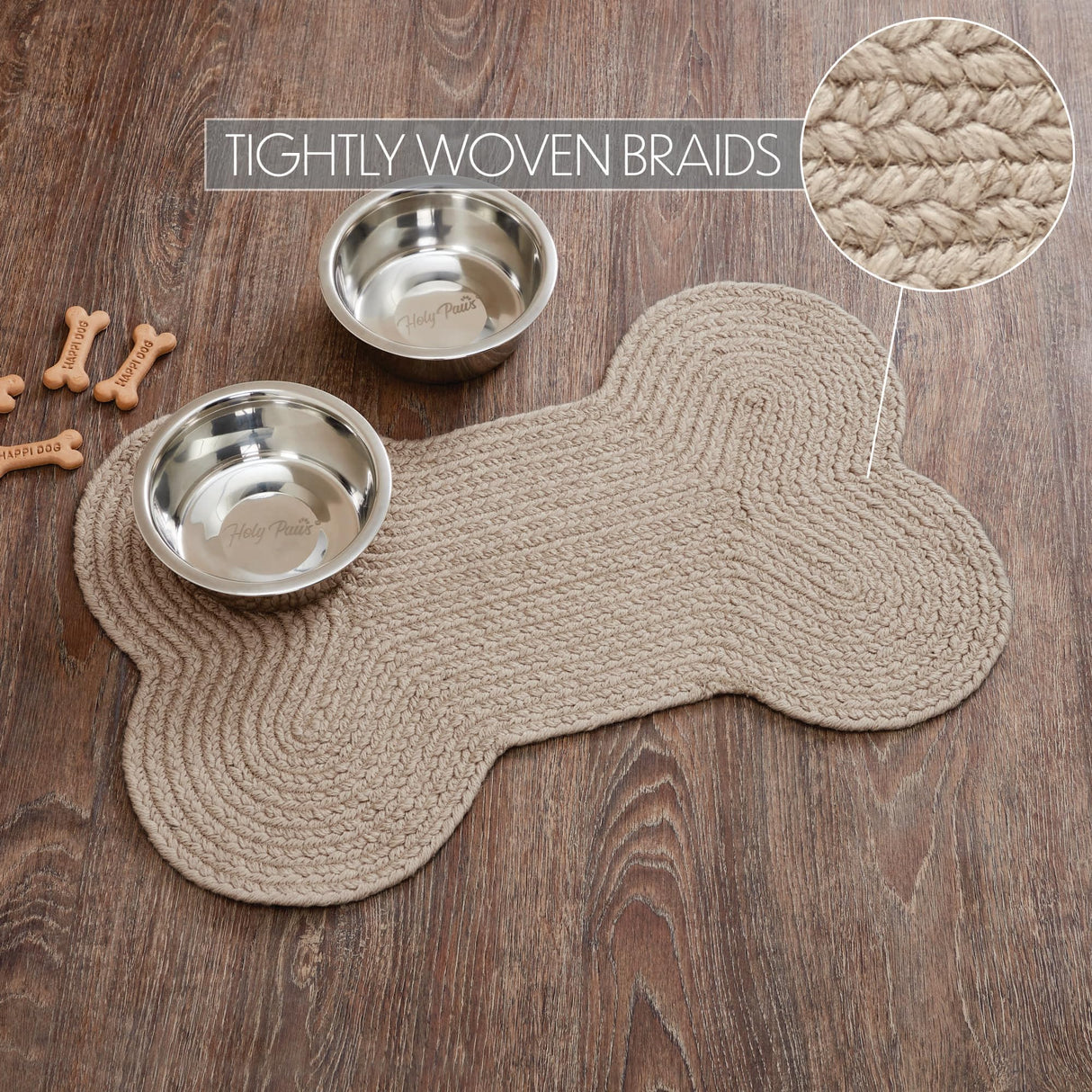 VHC Brands Indoor/Outdoor Pet Food Mat Placemat for Food Water Bowl for Dogs Cats Kitchen Bone Rug (Natural, Medium)