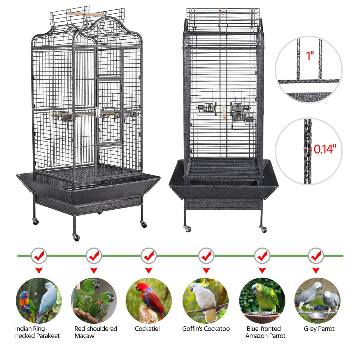 Yaheetech Extra Large Bird Cage 63'' Open Play Top Bird Cage for African Grey Parrots/Amazon Parrot/Caiques/Macaw with 360° Wheels