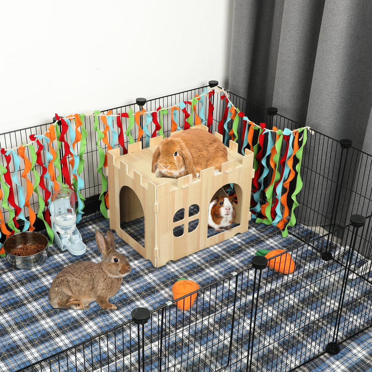 BWOGUE Large Wooden Rabbit House and Hideouts Bunny Castle Detachable Small Animal Play Hideaway Rabbit Hideout Cage Accessories for Indoor Adult Rabbit Guinea Pig Chinchilla Habitat