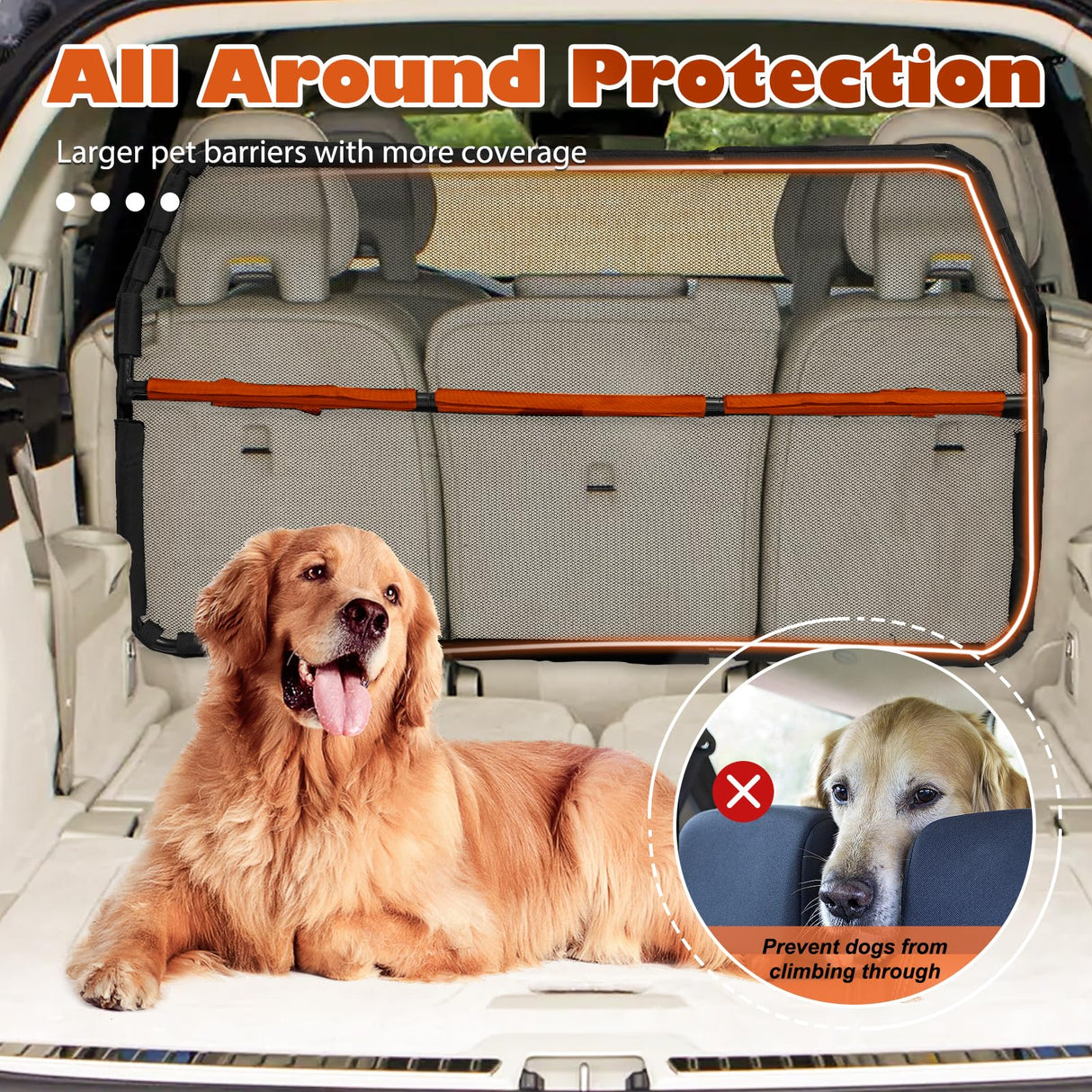 Furggis Dog Barrier for Car, 50" Wide SUV Dog Barrier for Cargo Area & 2nd 3rd Row Seats, Sturdy Dog Barrier for Small SUV & Truck with See-Through Net Mesh, Back Seat Divider for Mid-Sized Vehicle