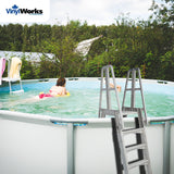 Vinyl Works SLA A-Frame 48 to 56 Inch Adjustable Above Ground Swimming Pool Ladder Entry System with Slide Lock Barrier and Handrails, White