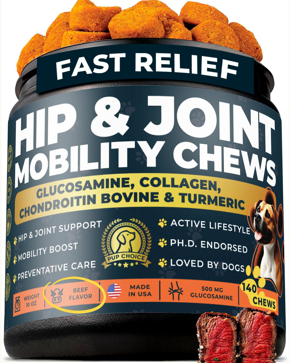 Pup Choice Glucosamine 500mg Hip & Joint Support Supplement for Dogs – Chondroitin, Collagen, MSM & Turmeric Chews – Supports Mobility, Flexibility & Joint Health for Large Breeds & Seniors