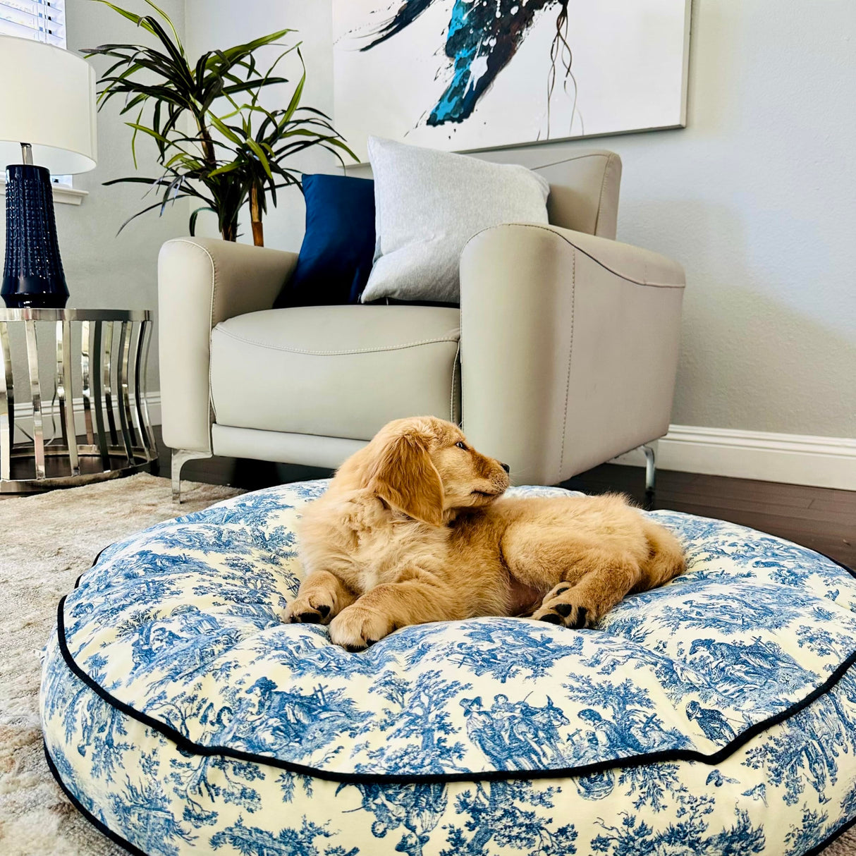 Round Toile Dog Bed, French Navy Toile Pet Bed, Modern Circular Puppy Bed w/Personalization, Large Breed Pet Bed (Navy & Cream, Small Cover Only)