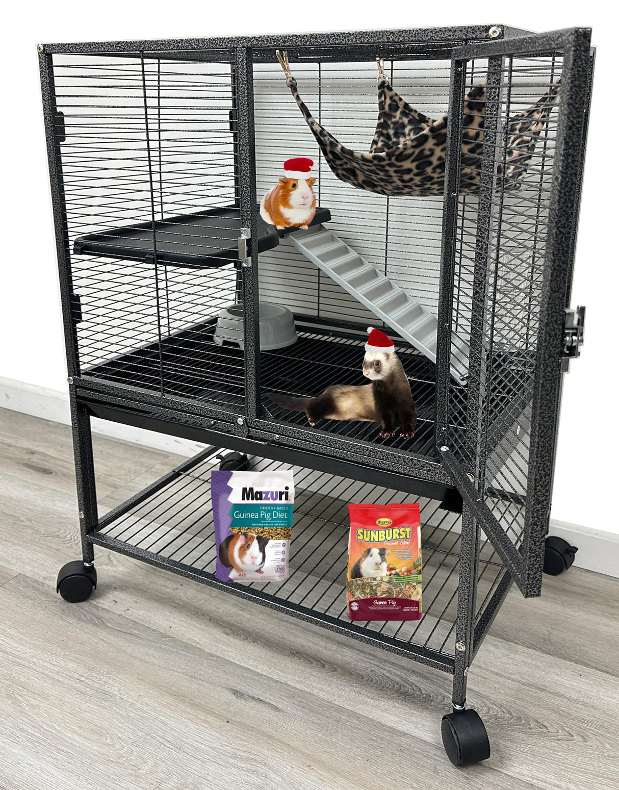 Deluxe Two Tiers Small Animal Critter Cage Tight 1/2-Inch Bar Spacing Water Bottle Food Bowl Feisty Ferret Hammock Chinchilla Rat Mice Squirrel Rabbit Sugar Glider Easy Clean Pull Out Grate Tray
