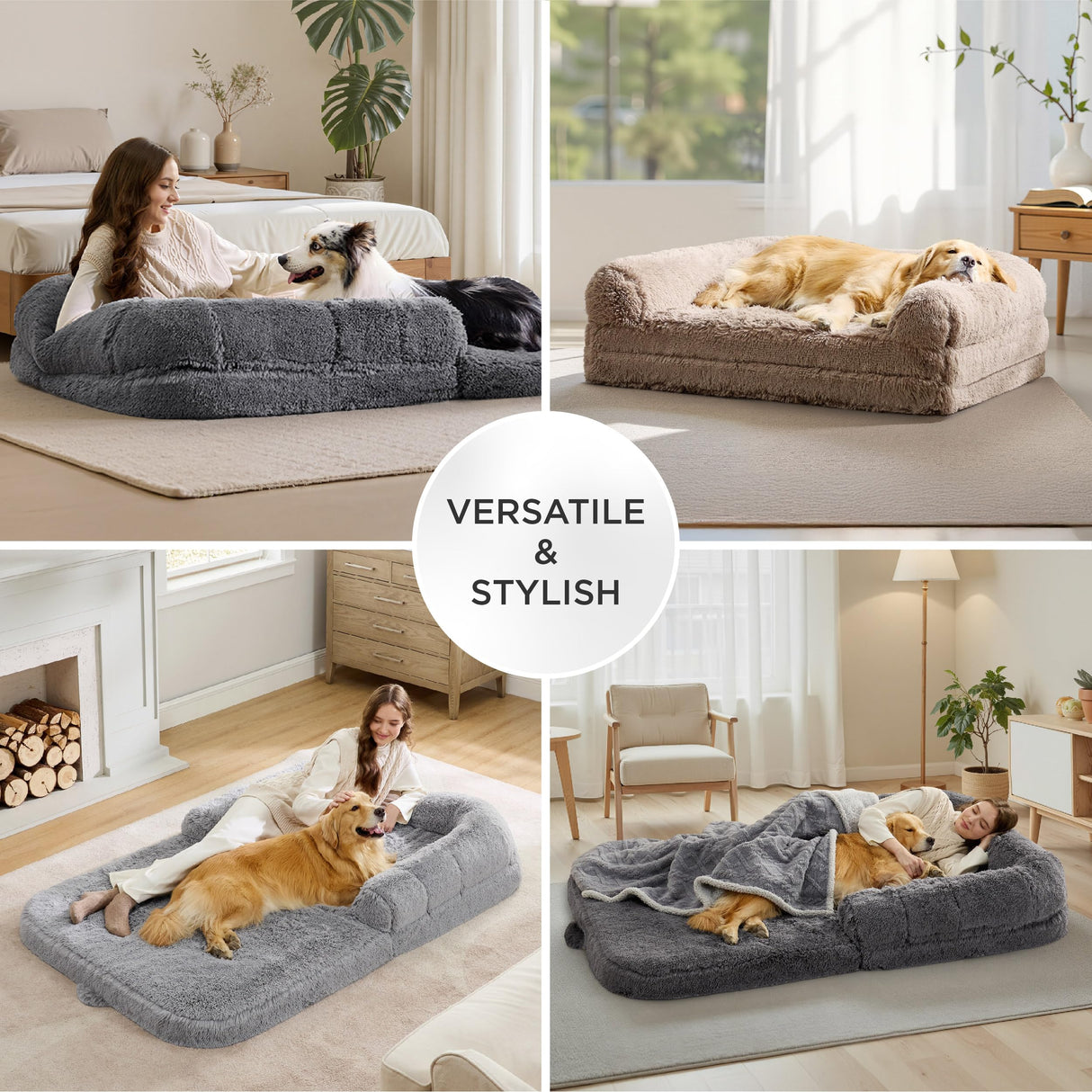Bedsure Foldable Human Dog Bed - 2 in 1 Flexible Giant Human Dog Bed for Adult People with Supportive Bolster Egg Foam, Waterproof Liner, Calming Fluffy Faux Fur Orthopedic Big Bean Bed, Dark Grey