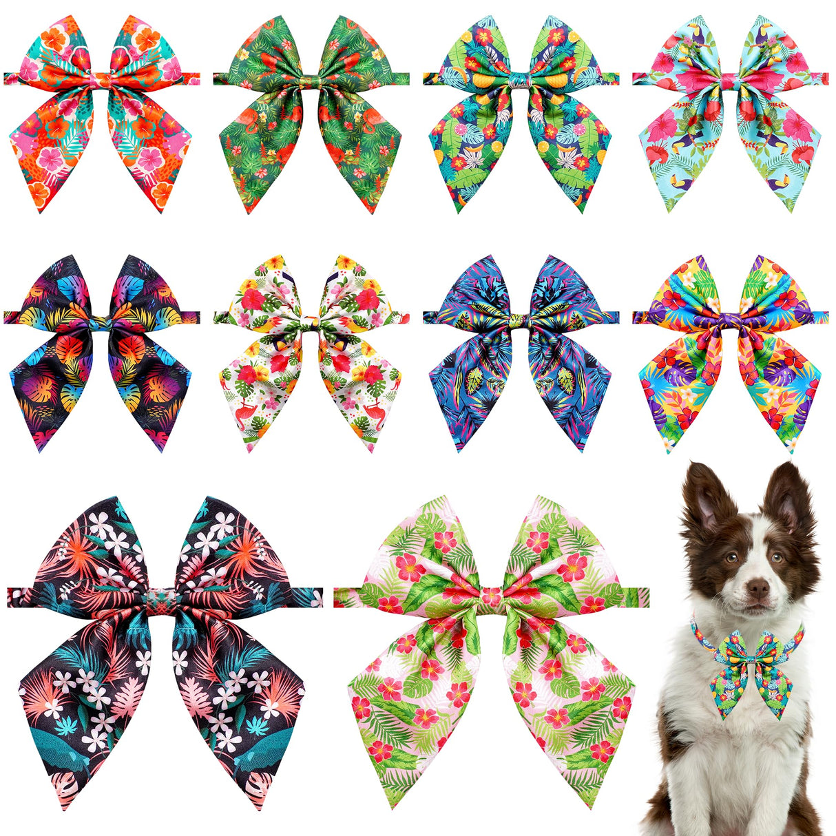 PET SHOW 10 Pack Hawaiian Dog Collar Bow Ties Bulk Adjustable Bowties for Medium Large Dogs Boy Girl Alpaca XL Summer Bowknot Neck Attachments Holiday Party Costume Pet Grooming Accessories