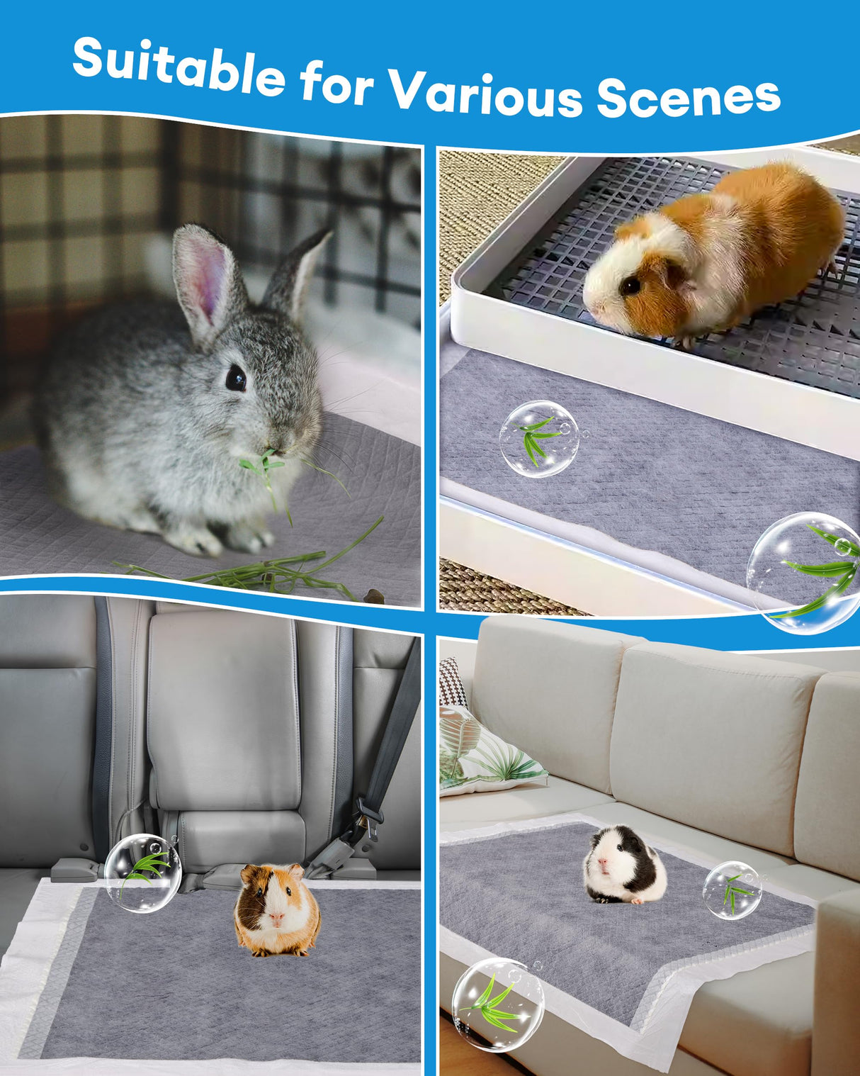 BUCATSTATE 50 Count Disposable Guinea Pig Cage Liners, Super Absorbent Guinea Pig Bedding, Bamboo Charcoal Odor Control Pee Pads for Rabbits, Ferrets and Small Animals (18''x24'')