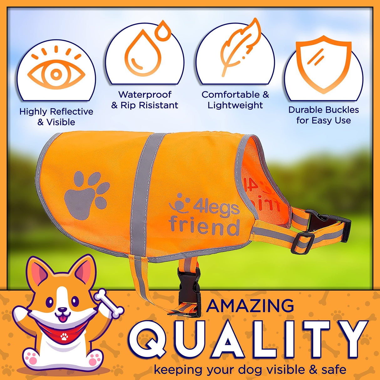 Upgraded Reflective Dog Vest. Hi-Visibility, Fluorescent Blaze Orange Dog Vest Helps Protect Your Best Friend. Safeguard Your PUP from Motorists & Hunting Accidents, On or Off Leash by 4LegsFriend