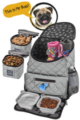 Mobile Dog Gear, Dog Travel Bag, Deluxe Quilted Weekender Backpack, Includes Lined Food Carriers and 2 Collapsible Dog Bowl, Gray