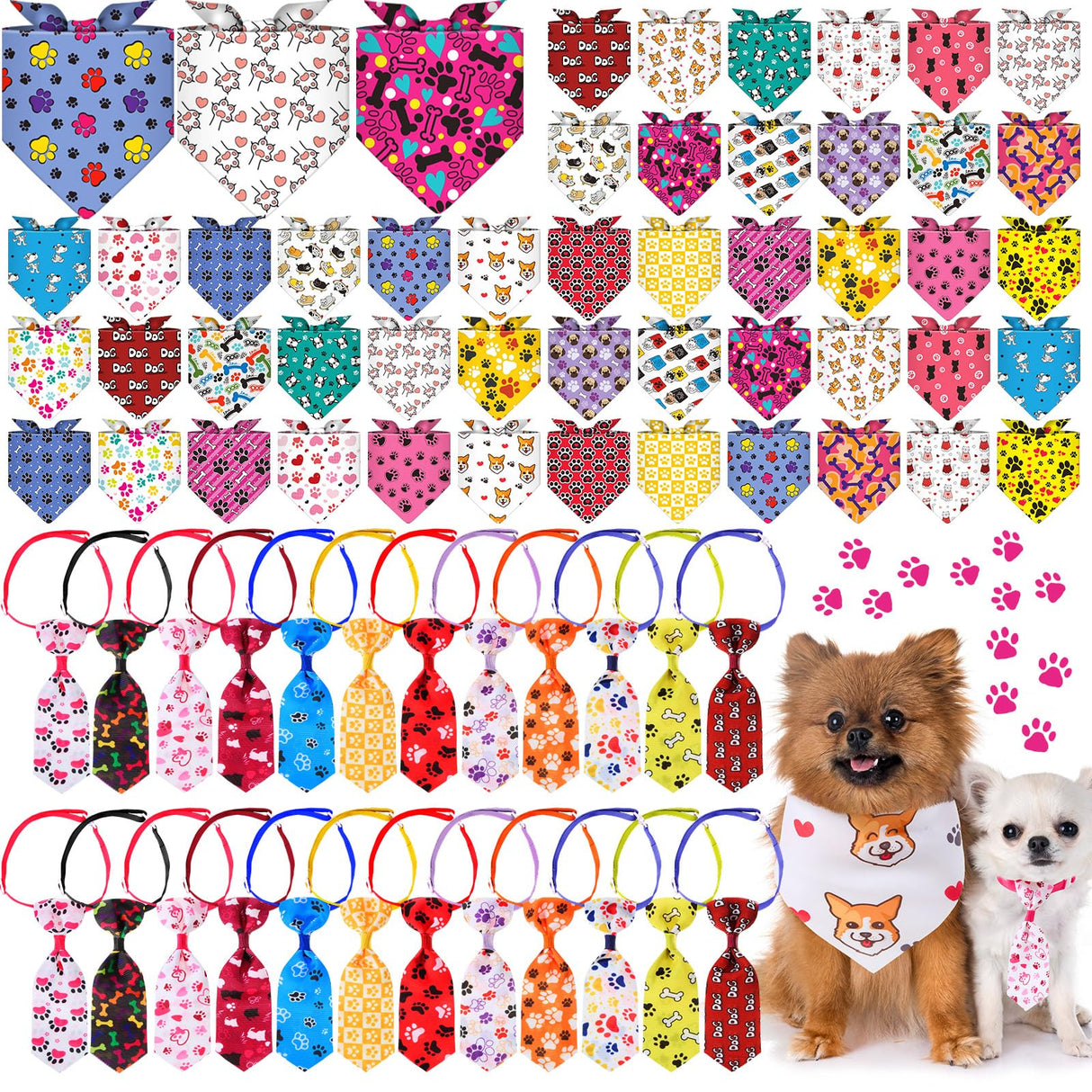 Bunnycool 72 Pcs Dog Bandanas Tie Set Cute Bulks Pet Scarves with Paw Cat Pattern Adjustable Cute Dog Triangle Scarfs Neck Ties for Holiday Birthday Accessories