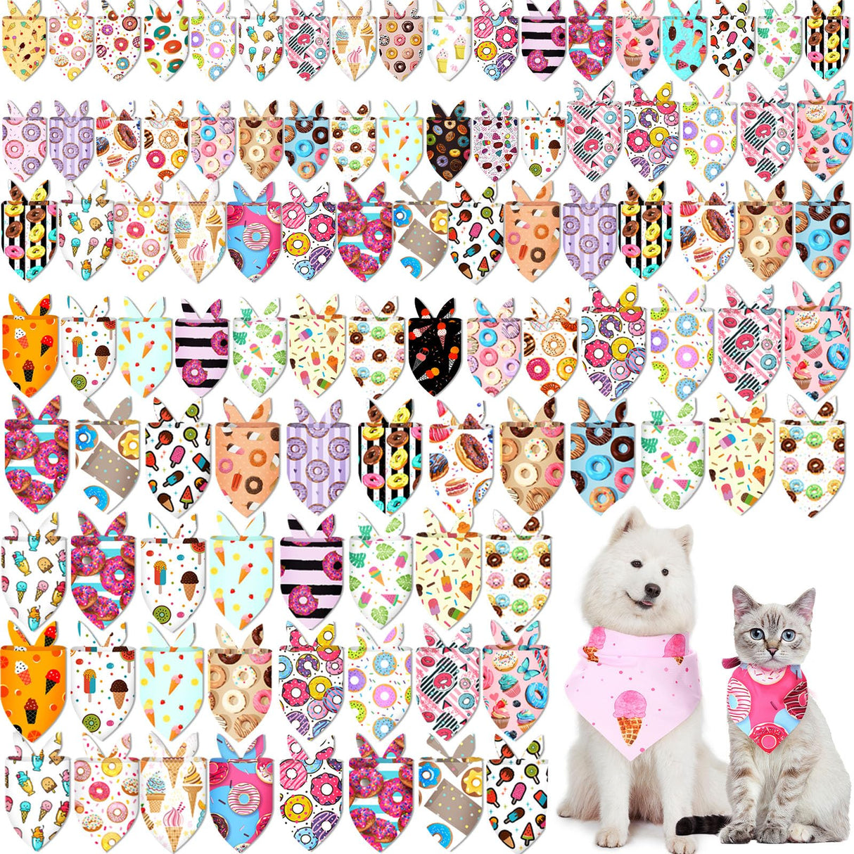 Huhumy 100 Pcs Dog Bandanas Bulk Hawaiian Dog Bandanas Summer 3 Sizes Washable Adjustable Scarf for Beach Small Medium Large Pet Supplies(Donut)