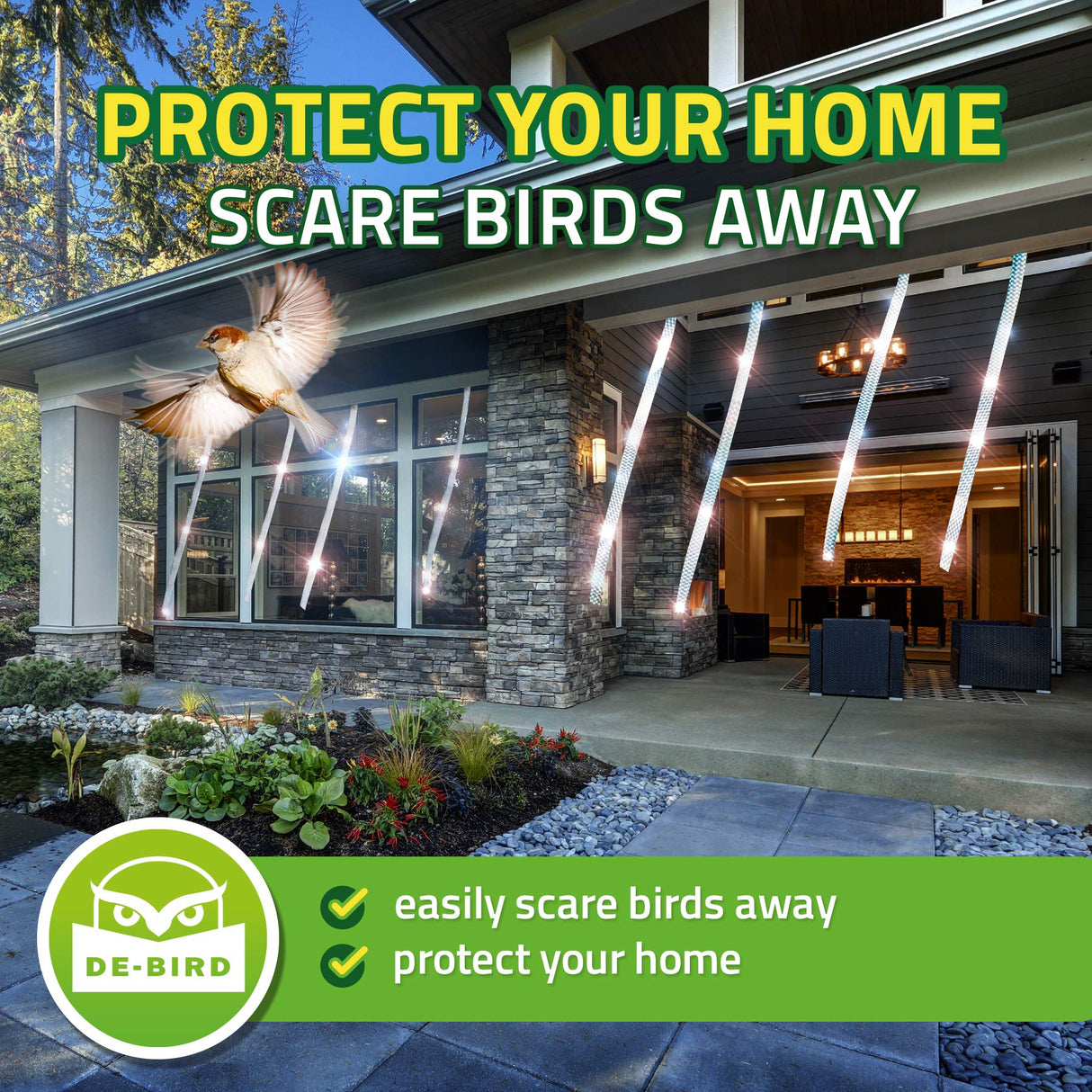 De-Bird Scare Tape, 350 ft Reflective Bird Deterrent, Dual Sided for Outdoor, Pigeon Control Easy Install Tape for Garden and Patio