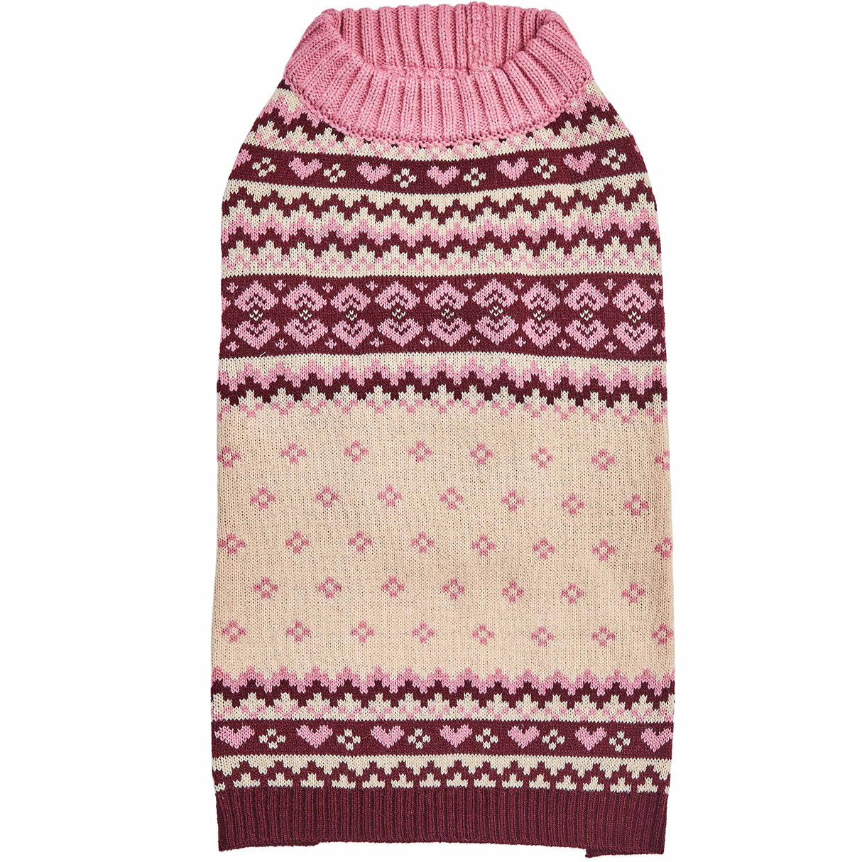 Blueberry Pet Heart Designer Chic Turtleneck Fair Isle Fall Winter Pullover Dog Sweater in Pink, Back Length 10", Warm Clothes for Small Dogs