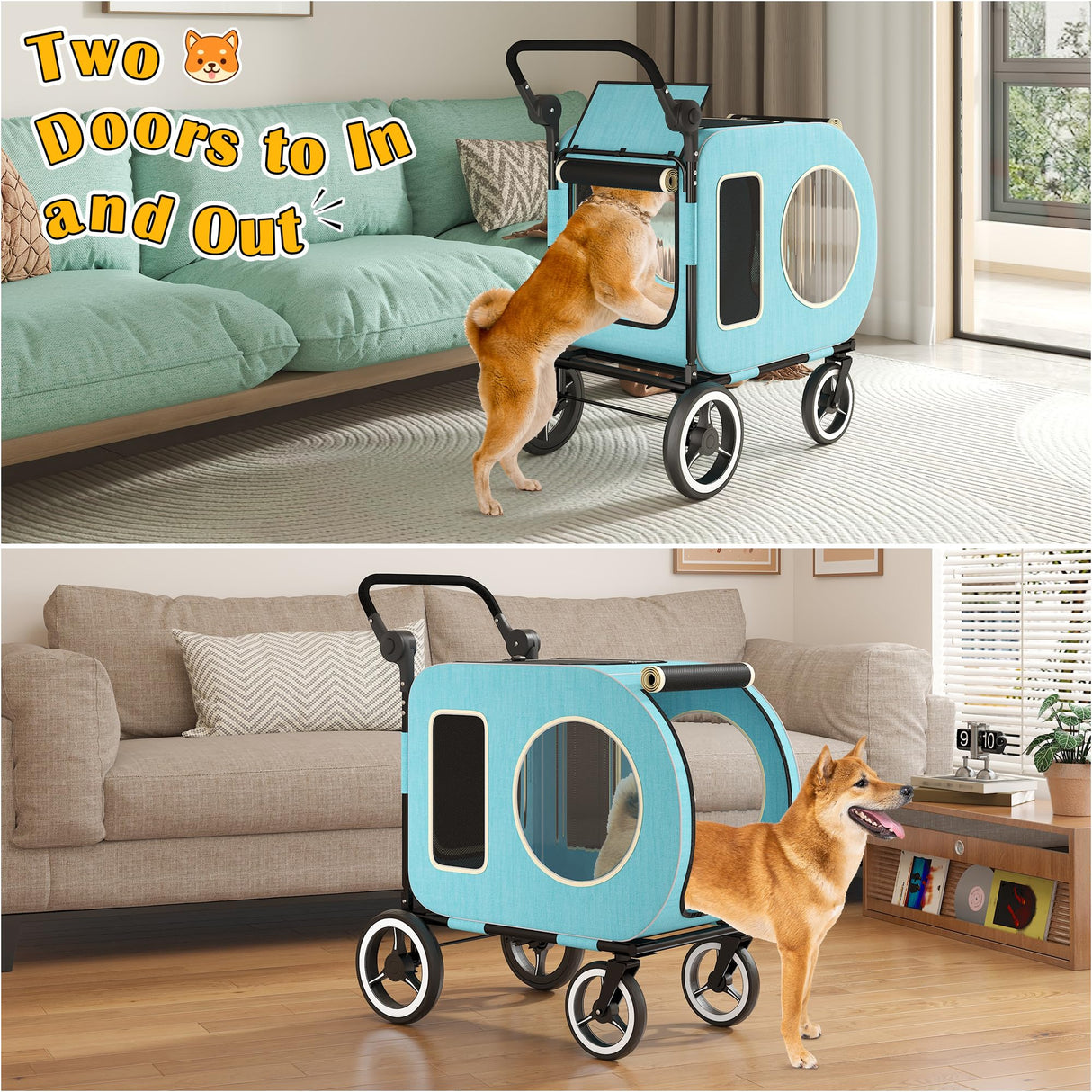 kepptory Dog Stroller with Large Dog House, XL Pet Stroller for 2 Small Dogs with Panoramic Sunroof, Adjustable Handle, Storage Organizer and Sturdy Metal Frame,32.4Lx19.3Wx23.6H(House Size)