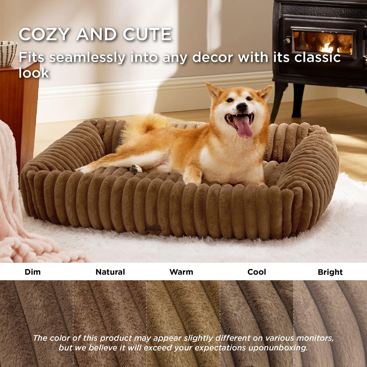 Bedsure ComfyFleece™ Cute Dog Bed for Large Dogs - Washable Furry Puppy Beds, Rectangle Orthopedic Corduroy Fleece Pet Beds with Removable Zipper Cover, 36x27x8inches, Camel Brown