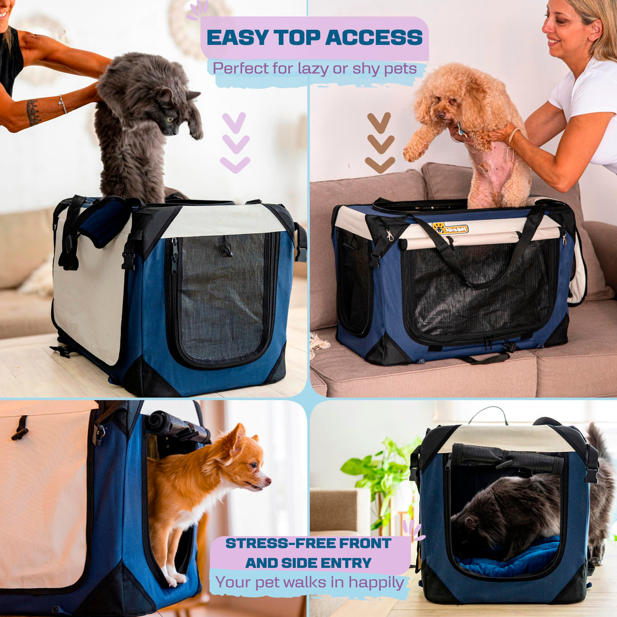 Cat & Dog Pet Carrier, Soft-Sided, Large 24"x16"x16", Supports Up to 45 lbs, Privacy Windows, Removable Plush Bed, Locking Zippers, Foldable Travel Crate