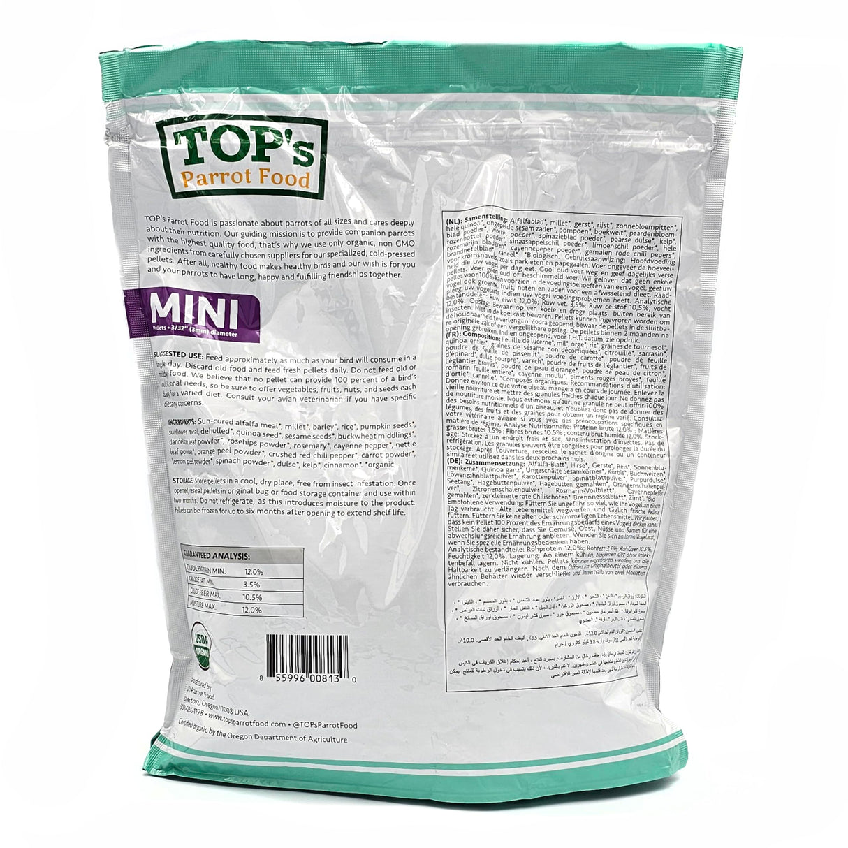TOP's Parrot Food Mini Pellets Bird Food for Budgies, Cockatiels, Parrotlets, Lovebirds, Parakeets - Non-GMO, Peanut Soy & Corn Free, USDA Organic Certified - 4LBS