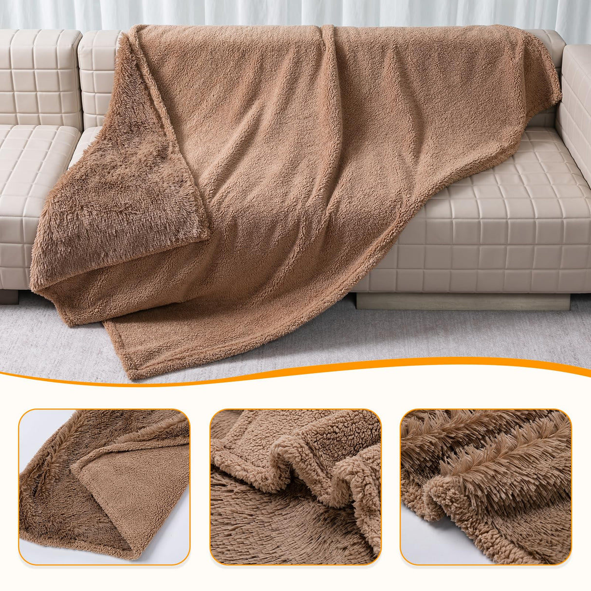 Wowchine Waterproof Calming Dog Bed Covers Pets Blanket for Large Dogs Cats Brown Fluffy Long Faux Fur Pet Blankets Reversible Couch Sofa Cover Washable Love Bed Mats(Brown,XL-85x57in)