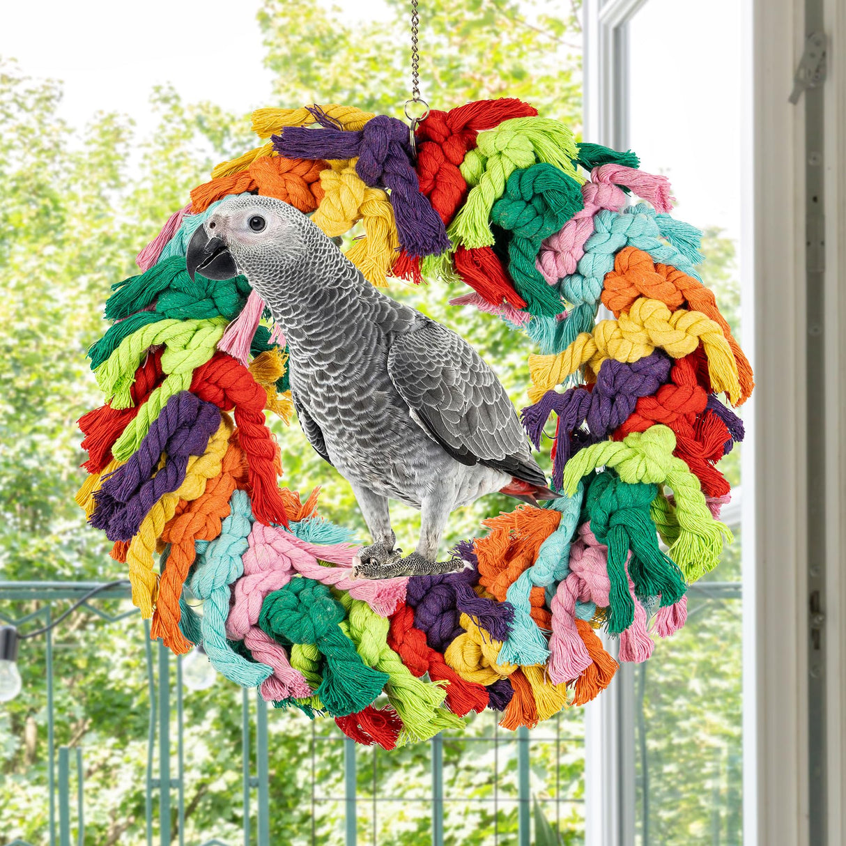 Napiass Parrot Swing for Large Birds - Colorful Cotton Rope Hanging Ring Toy for African Grey, Cockatoo, Conure, and Parakeet | Chewing, Exercise, Climbing, and Snuggling (Parrot Swing)