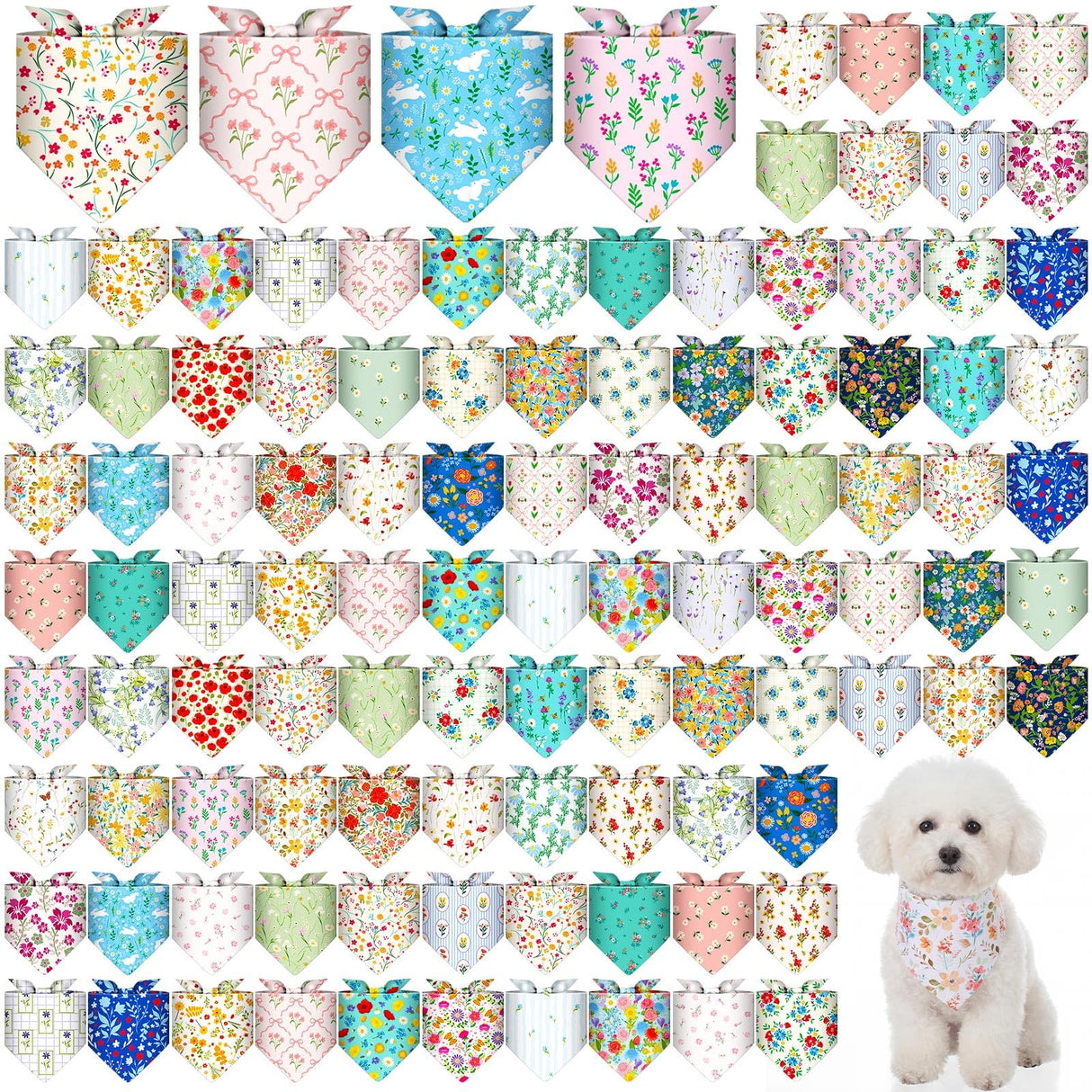 Bulyoou 120 Pcs Spring Dog Bandanas Bulk Floral Printing Pet Bandanas Dog Handkerchiefs Spring Scarf Bibs Triangle Bibs Adjustable Kerchief Pet Grooming Costume Accessories