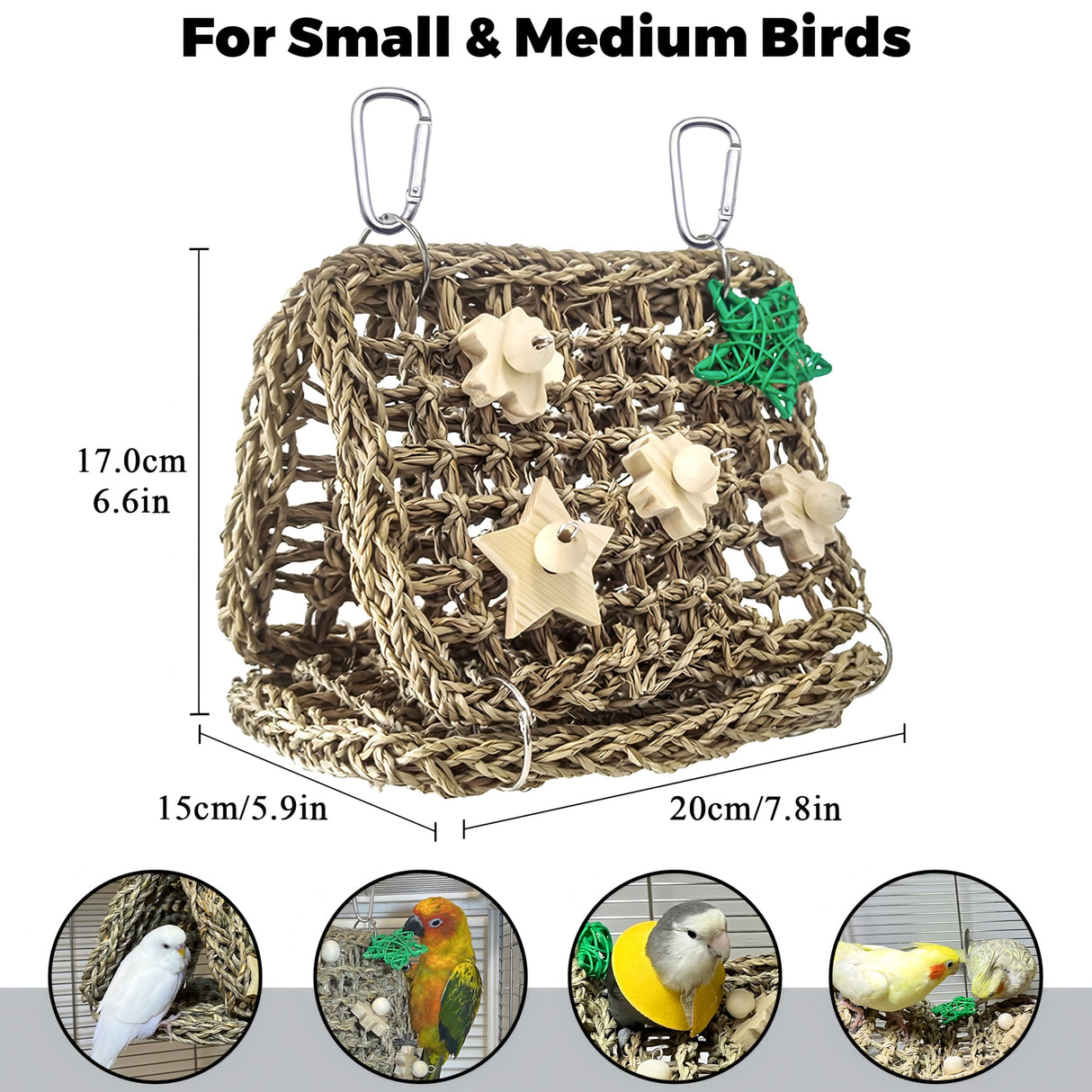 Jevnd Seagrass Handwoven Bird Bed for Cage, DIY Parakeet Nest & Climbing Ladder, Breathable Bird Hammock Tent with Chewable Toys, Cozy Parrot Sleeping Hut for Small Medium Birds Like budgies Lovebirds