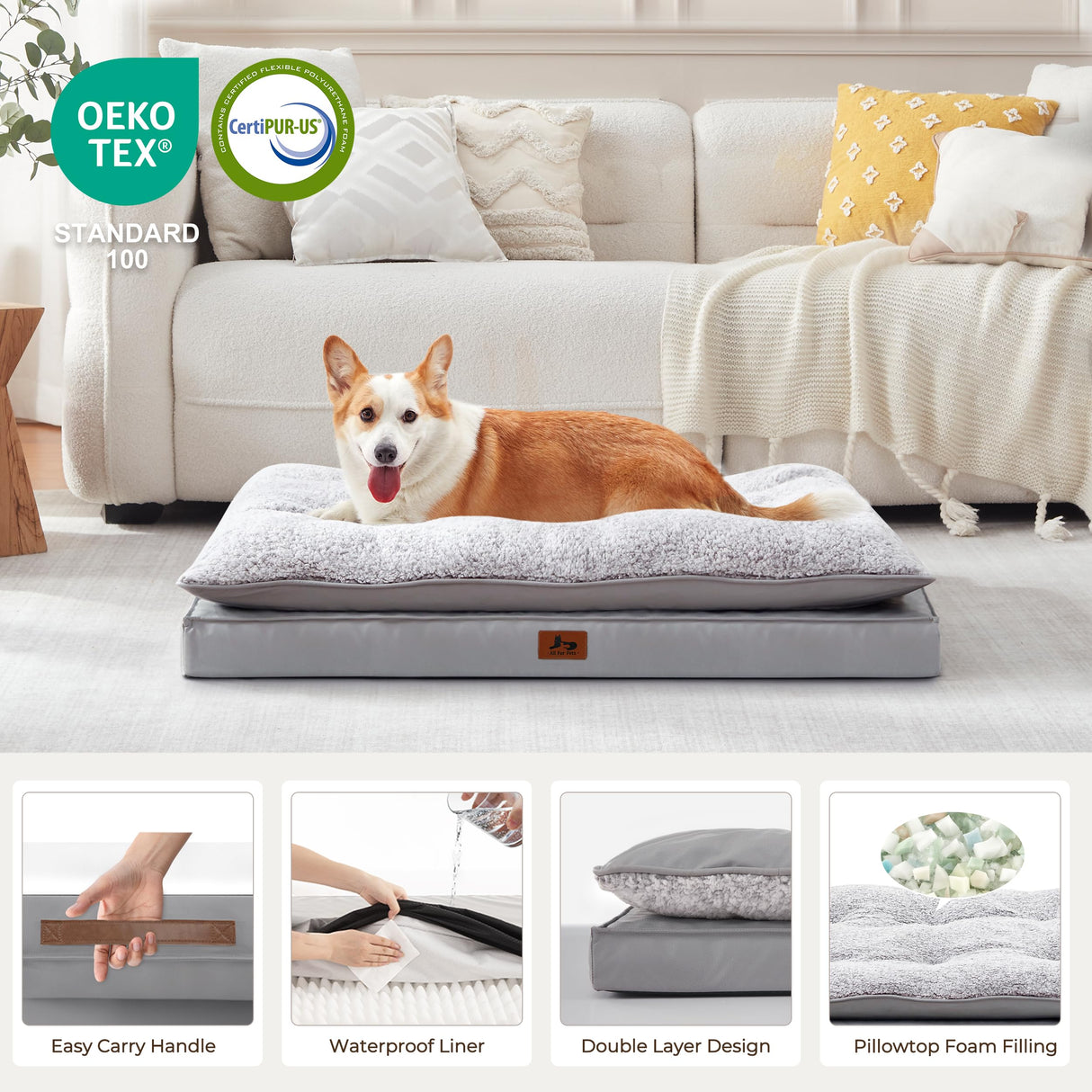 Warmrest 2-Pack Waterproof Dog Bed Medium Size Dogs, Plush Cushion & Orthopedic Egg-Crate Foam Mattress for Senior Dogs, Washable Dog Crate Bed with Removable Cover, Light Grey