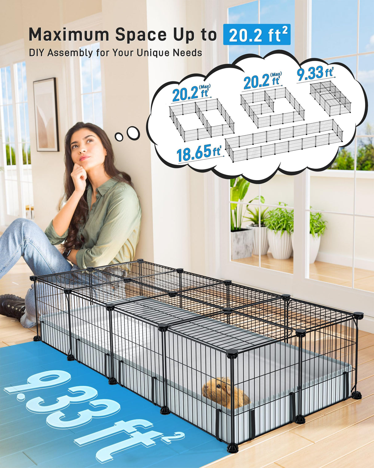 BUCATSTATE Guinea Pig Cages 20 Panels, Rabbit Cage Indoor with Waterproof Mat, Small Animal Playpen with Door for Guinea Pigs, Bunny, Hedgehogs, Chickens, Chinchillas (56" L x 24" W x 12" H)