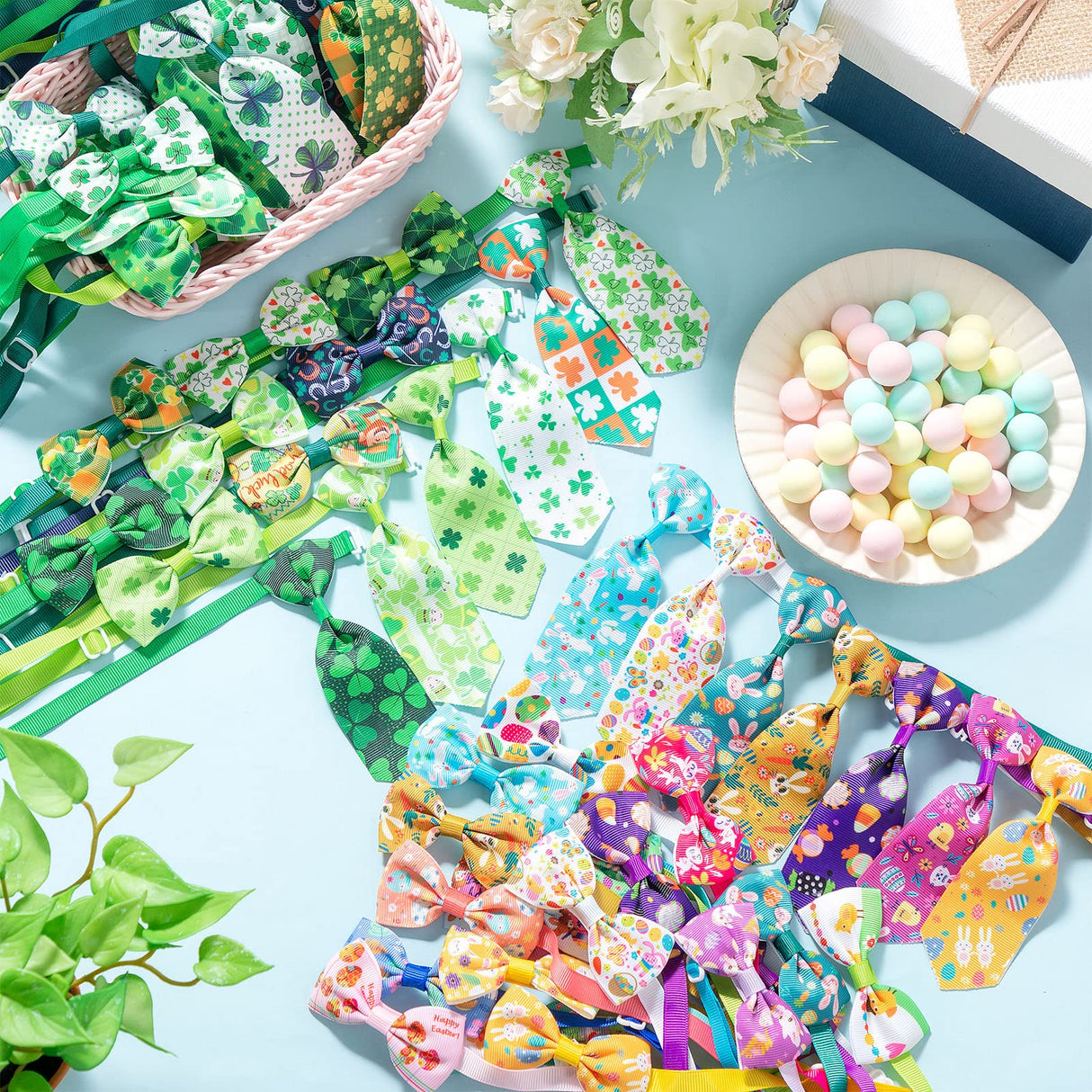 Reginary 80 Pieces St Patricks Day and Easter Dog Bow Tie Collar Set Include 40 Dog Neckties and 40 Pet Collar St. Patrick's Day and Easter Adjustable Pet Grooming Accessories for Small Medium Cat