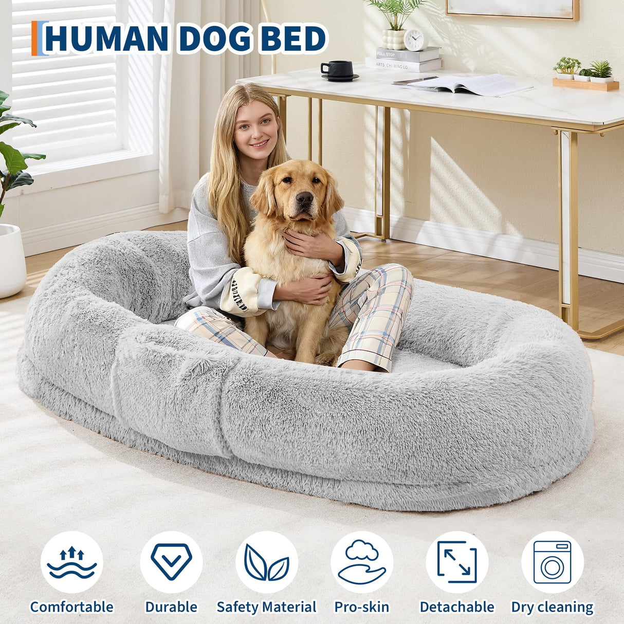 Human Dog Bed for Adult, 64.9" x 41.3" Large Giant Orthopedic Memory Foam Nap Bed for People Pets, Washable Faux Fur Cover with Side Pocket Waterproof for Anxiety Relief