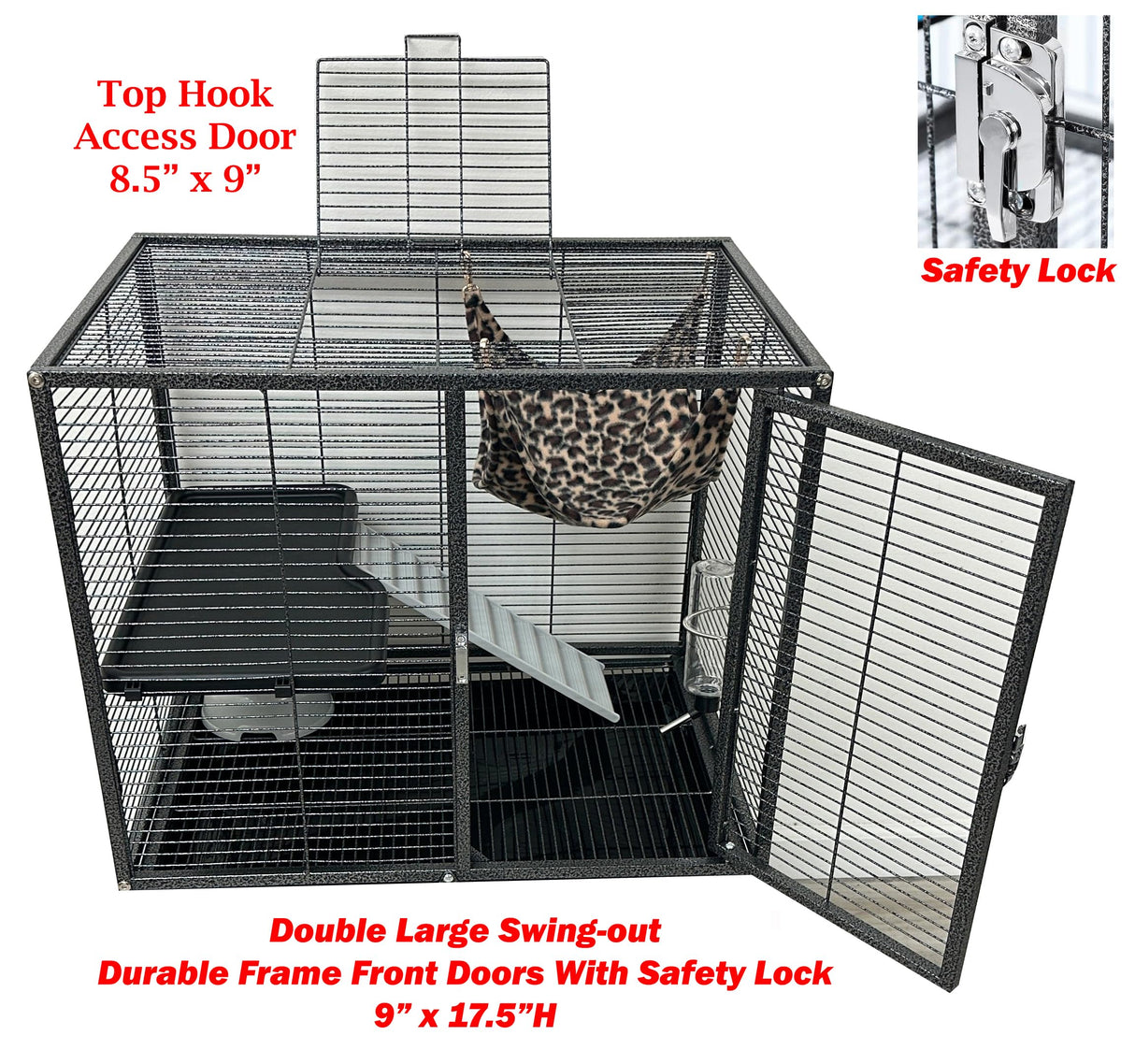 Deluxe Double Unit Two Full Story Durable Front Doors Tight 1/2-inch Wire Spacing Chew-Free Small Animal Critter Home Cage Water Bottle Food Bowl for Feisty Ferret Hammock Rat Mice On Wheels