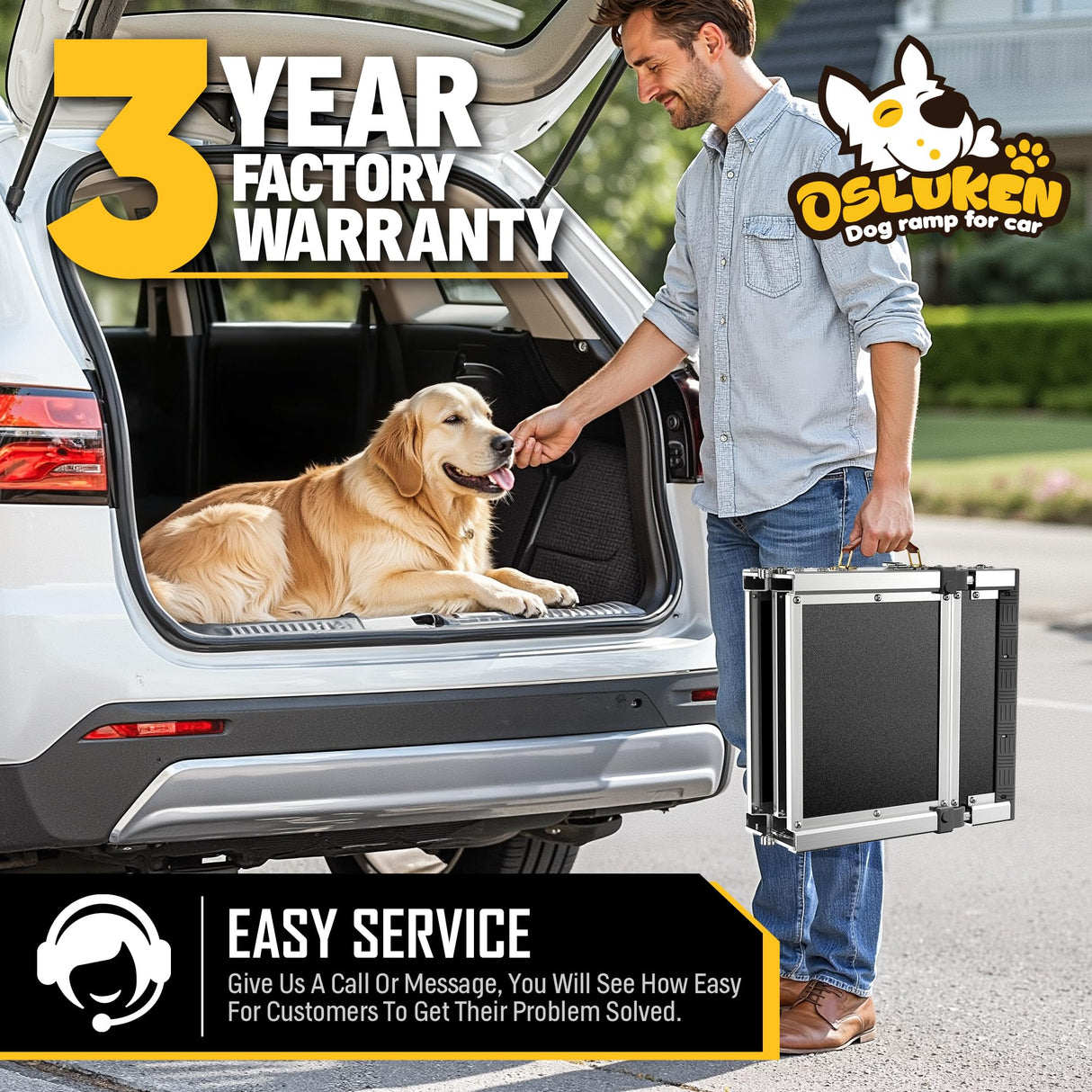 Dog Ramp for Car (200 lbs), Extra L71” W17” Folding Pet Ramp for Large Dogs 90° Adjustable Head, Outdoor Anti-Slip Foldable Dog Car Ramps for SUV Truck Side Door (5 Folded)