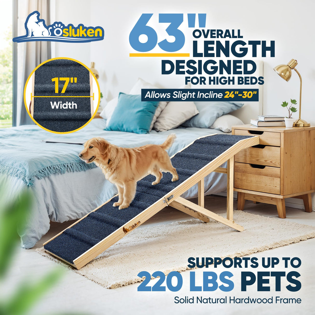 Dog Ramp for Bed, L63 W17 Foldable Pet Ramp for Small Large Dogs Cats, Dog Ramps for High Beds Car, High Traction with Platform 6 Adjustable Heights 24" to 30" Up to 220LBS, Wood (Wood, 63"X 17")