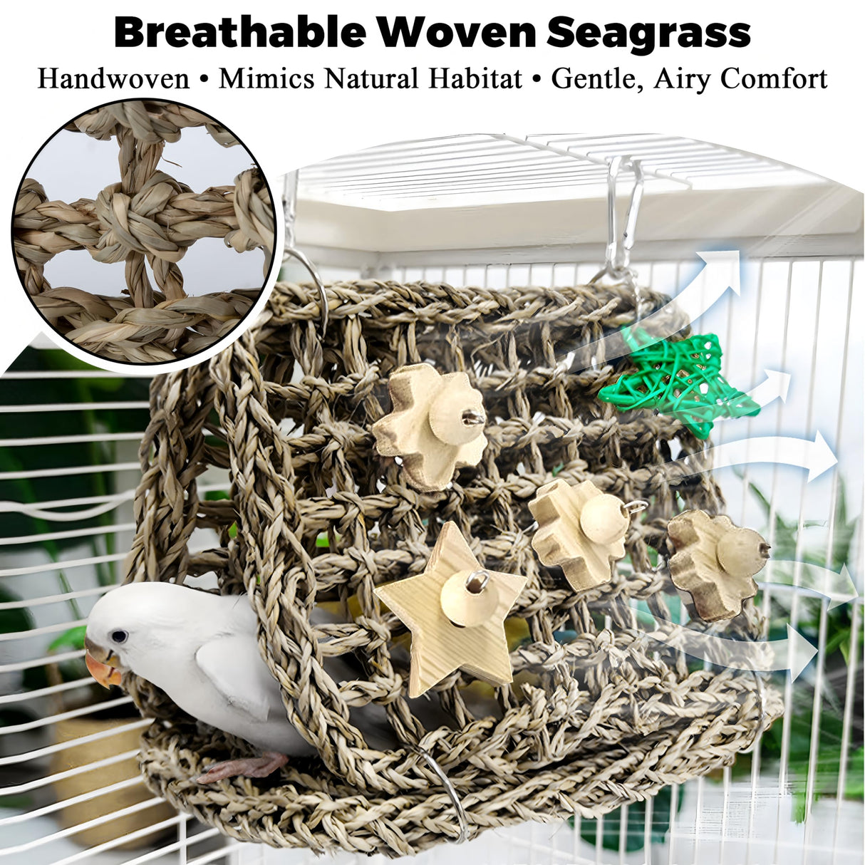 Jevnd Seagrass Handwoven Bird Bed for Cage, DIY Parakeet Nest & Climbing Ladder, Breathable Bird Hammock Tent with Chewable Toys, Cozy Parrot Sleeping Hut for Small Medium Birds Like budgies Lovebirds