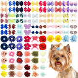 JpGdn 100pcs/50pairs Dog Hair Bows Grooming Bulk with Rubber Bands in Mixed Colors Radom Pattern Toknot Bowknot Elastic for Small Medium Doggy Puppy Yorkie Shih Girl Femal HairAccessories