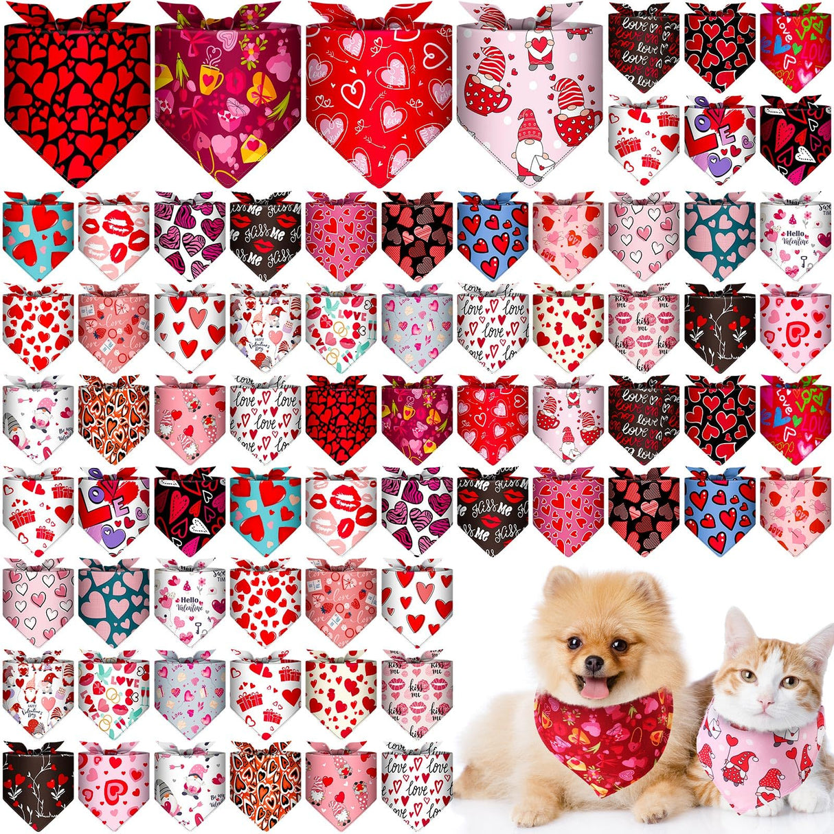 Reginary 72 Packs Valentine's Dog Bandanas Bulk Dog Heart Red Bandanas Valentine Pet Scarf Bibs Triangle Puppy Bibs Adjustable Puppy Scarf for Pet Costume Accessories