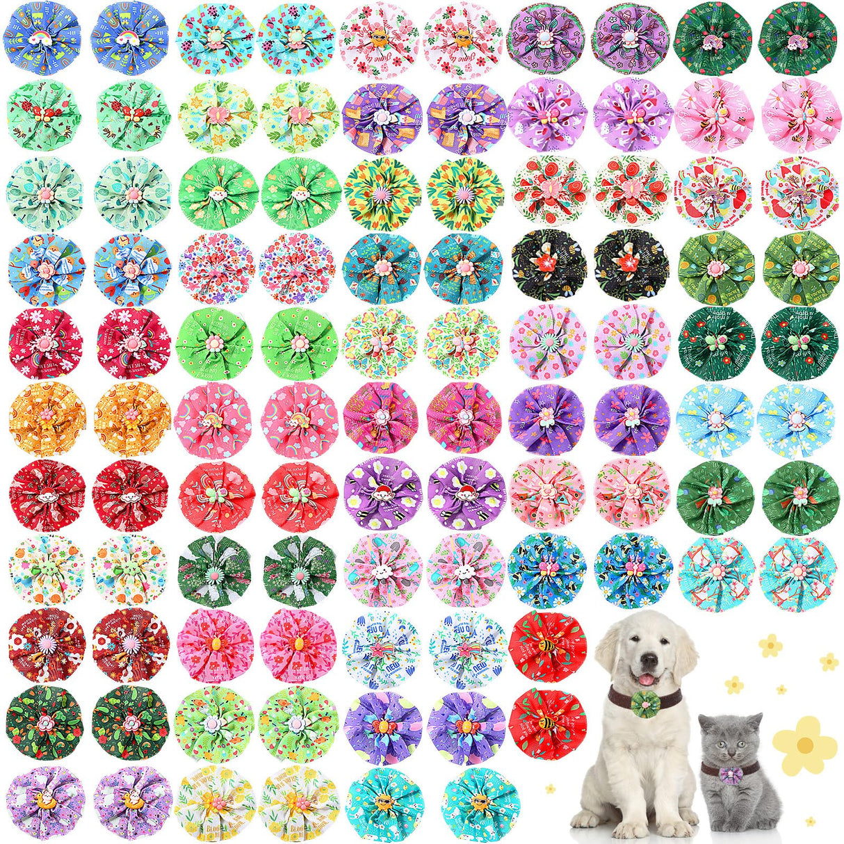 Sweetude 100 Pcs Spring Dog Collar Flowers Bulk Dog Bow Ties Bulk Pet Flower Charms Holiday Puppy Bow Ties Grooming Accessories for Small Medium Large Dogs and Cats(Flower Style)