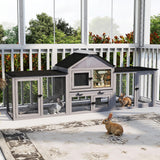 COZIWOW 82inches Extra Large Wood Rabbit Hutch Outdoor Easy to Assemble and Stable Bunny Cage Indoor with Cleaning Tray & Waterproof Roof for Small and Medium Bunny Rabbit Chick（Grey with Pattern）