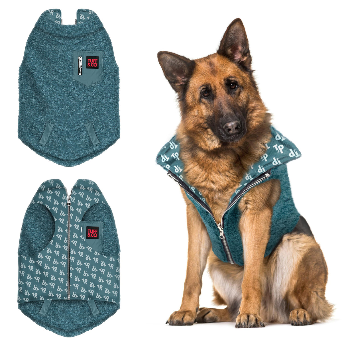 Tuff Pupper Reversible Fleece Sweater Vest for Dogs | Lightweight Comfortable Insulated Jacket | Front Zip Closure | Machine Washable | Built-in Leash Hole | Sizes for All Breeds (XL, Teal)
